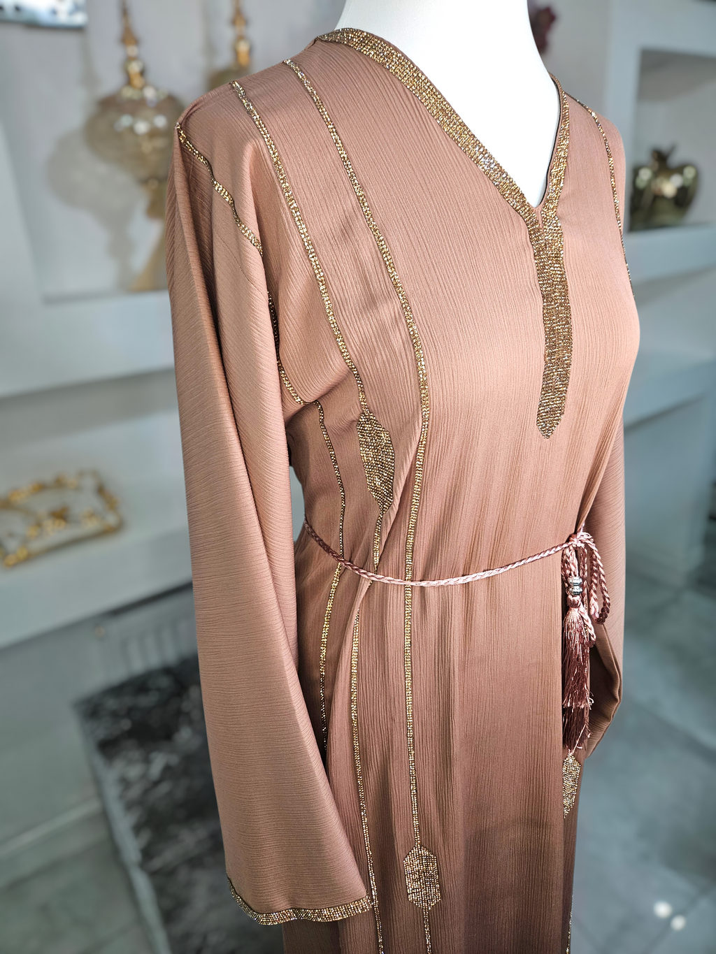 Elegant 3PC Abaya in Shade Mocha with Gold Embellishments