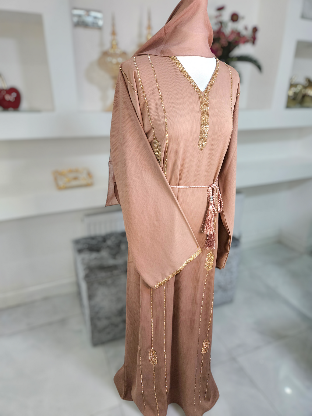 Elegant 3PC Abaya in Shade Mocha with Gold Embellishments
