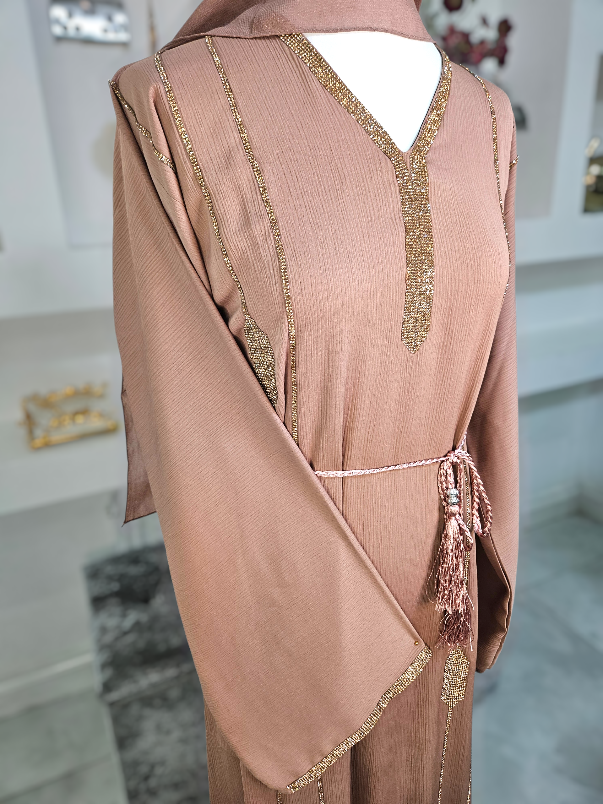 Elegant 3PC Abaya in Shade Mocha with Gold Embellishments
