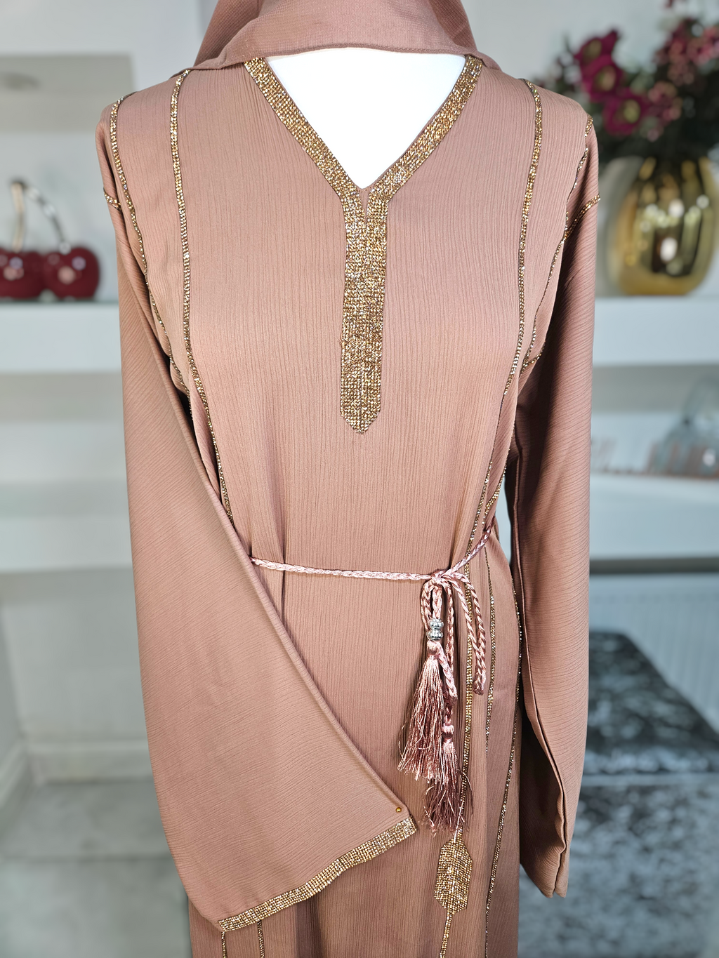 Elegant 3PC Abaya in Shade Mocha with Gold Embellishments