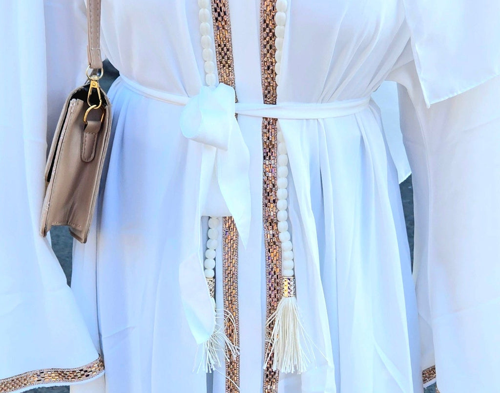 Elegant 3pc White Abaya with Gold Embellished Trim