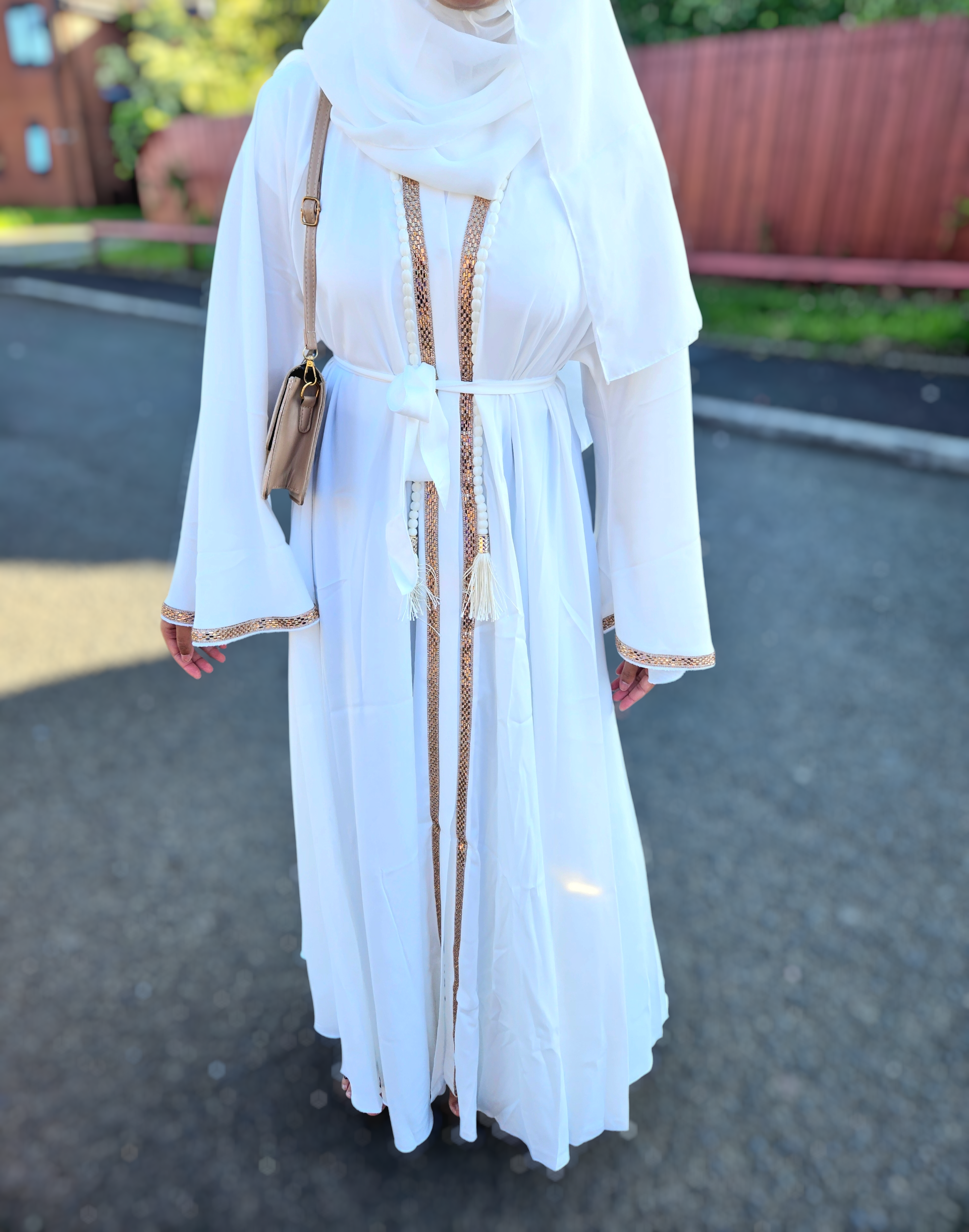 Elegant 3pc White Abaya with Gold Embellished Trim