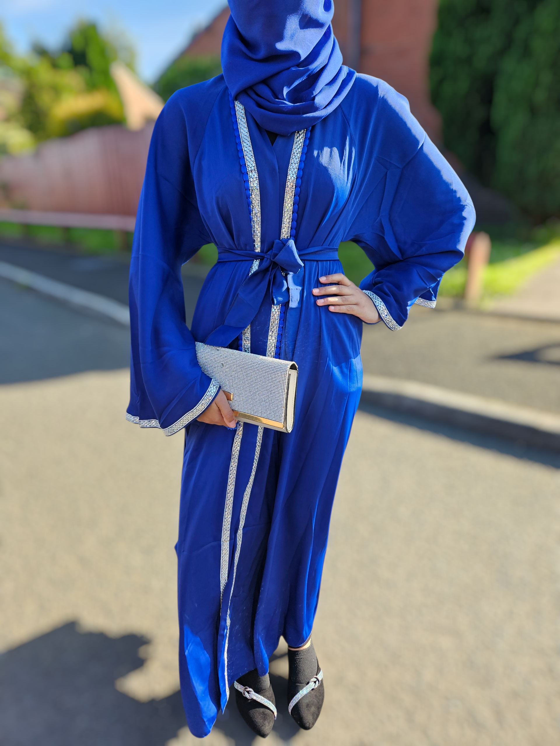 Royal Blue 3pc Abaya with Silver Embellished Trim