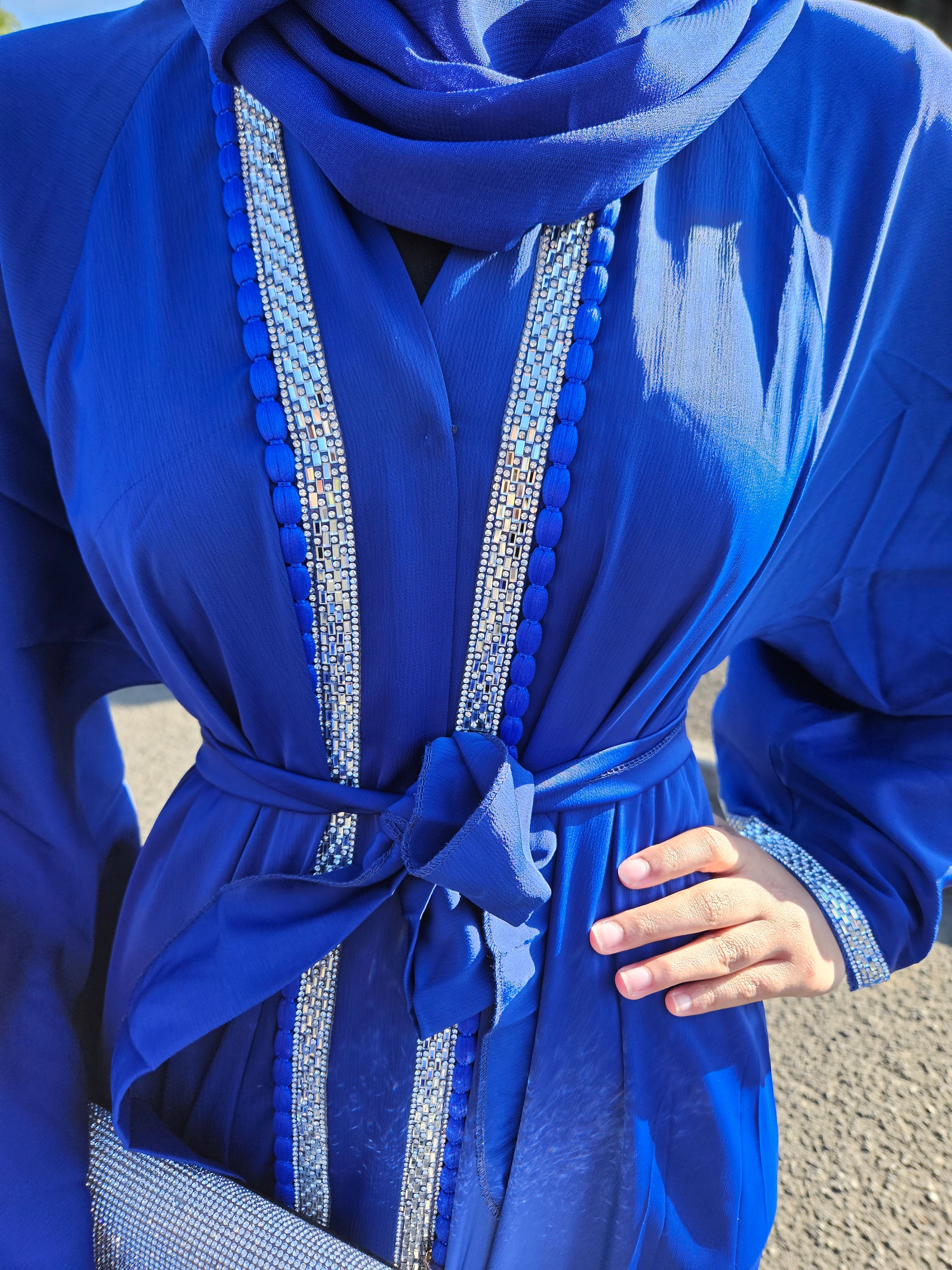 Royal Blue 3pc Abaya with Silver Embellished Trim