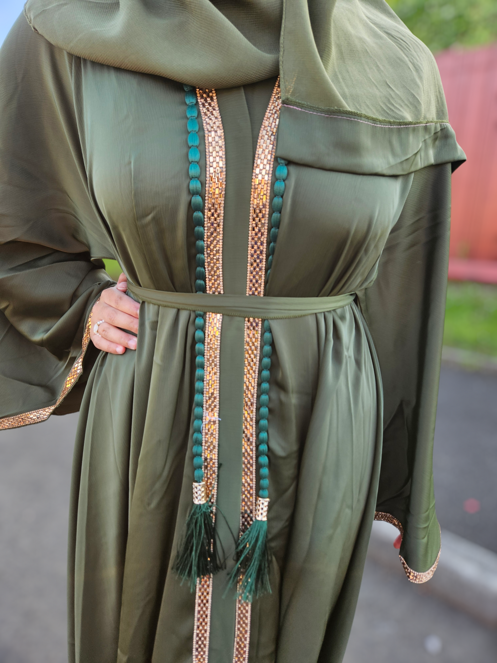 Emerald Green 3pc Abaya with Gold Embellished Trim