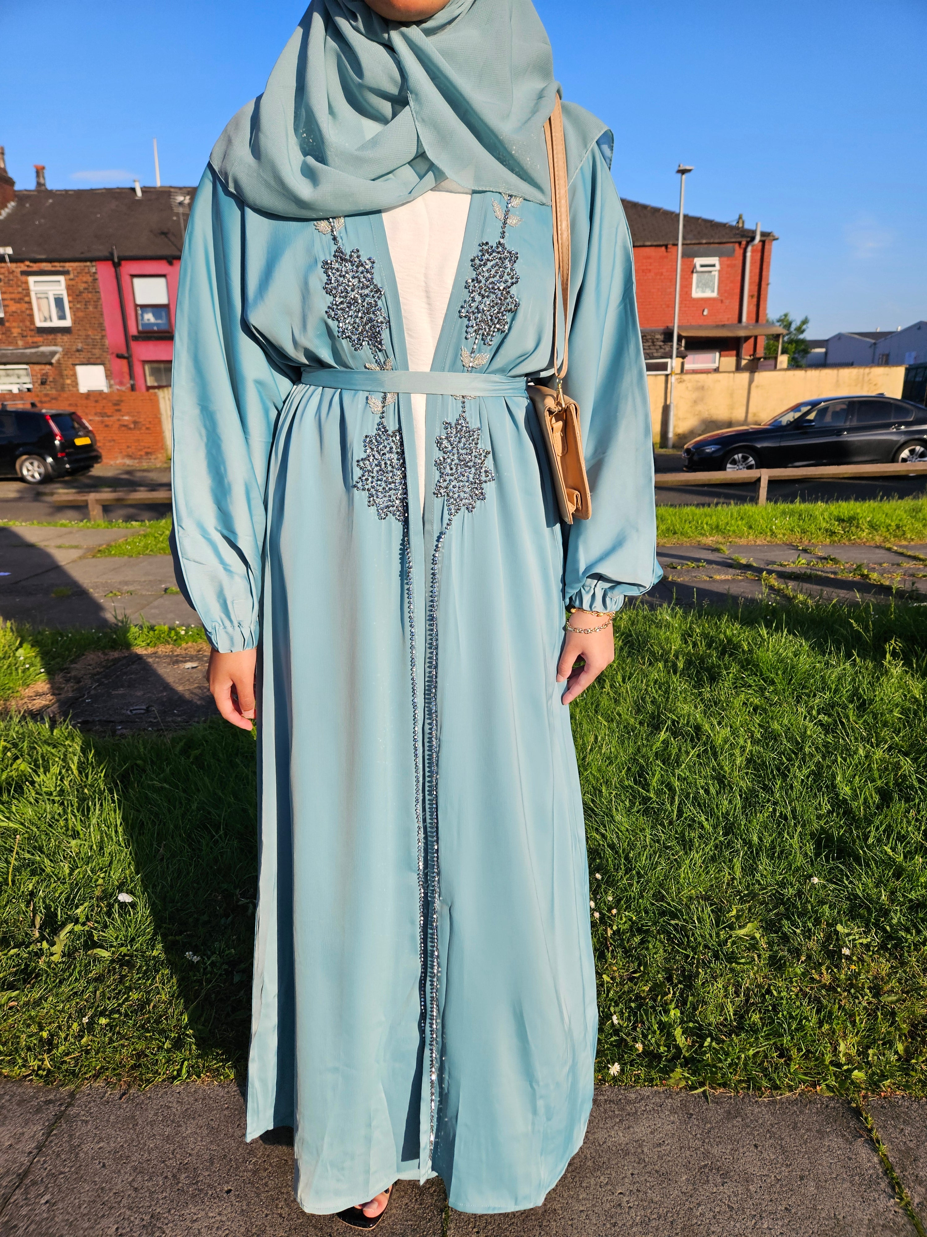 Elegant Stonework 4Pc Open Abaya- Available in 3 Colours