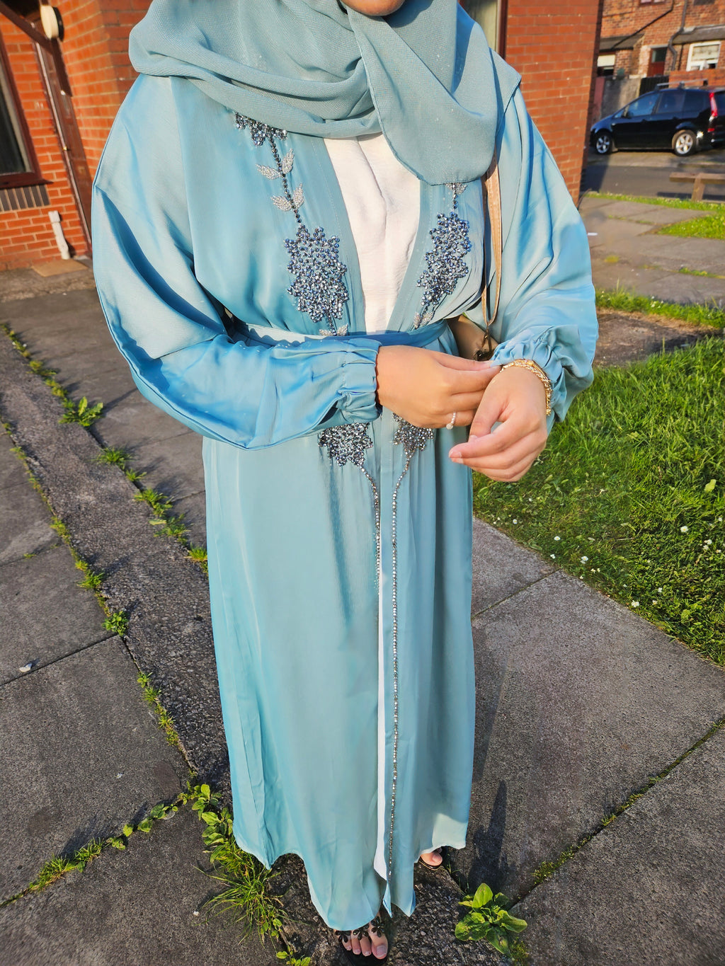 Elegant Stonework 4Pc Open Abaya- Available in 3 Colours