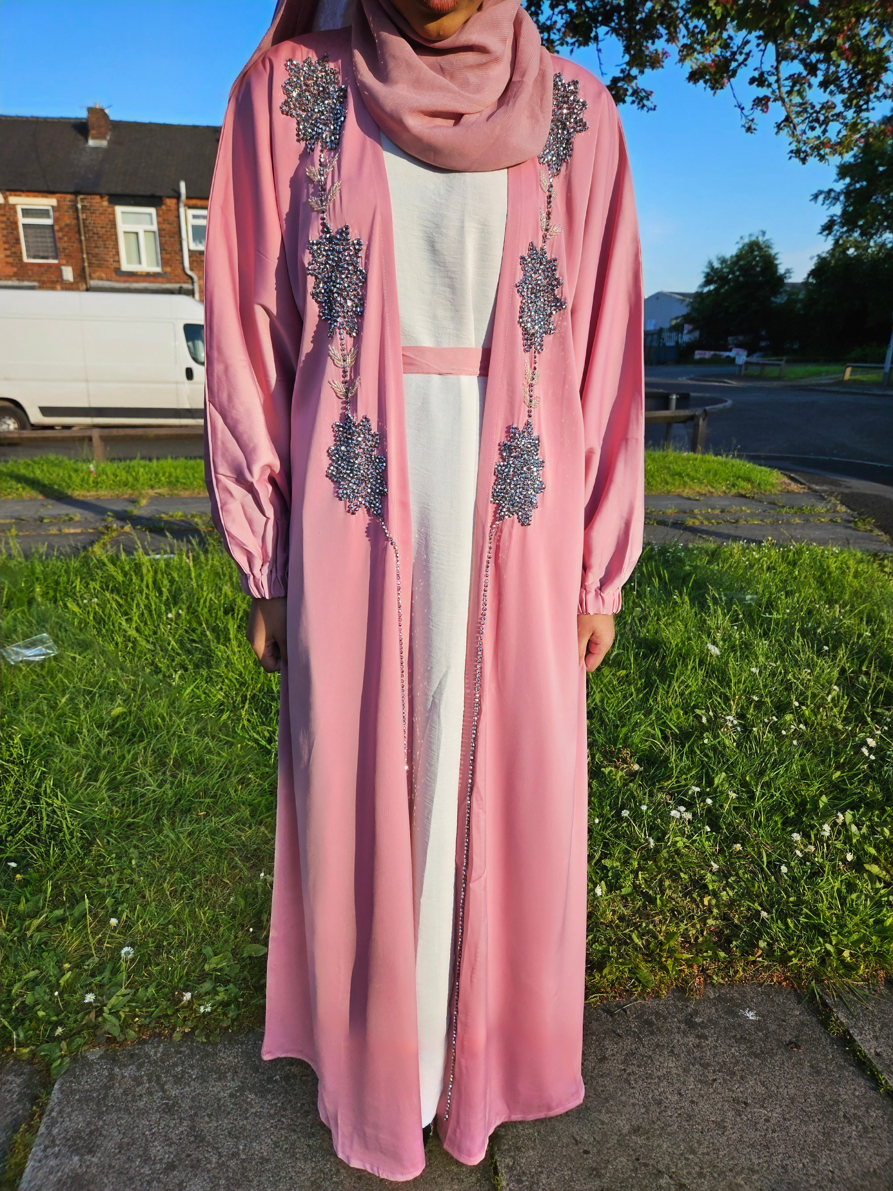 Elegant Stonework 4Pc Open Abaya- Available in 3 Colours