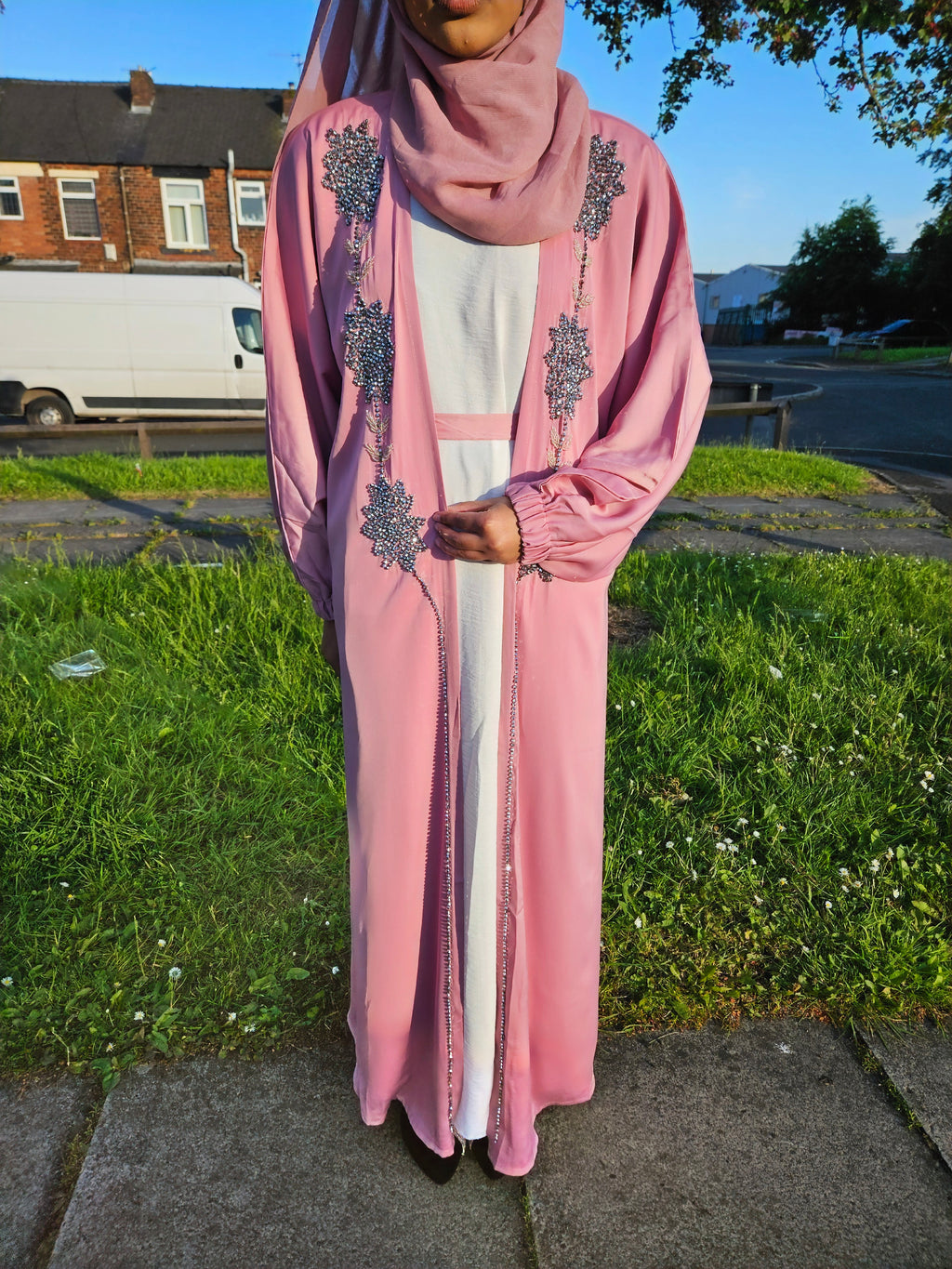 Elegant Stonework 4Pc Open Abaya- Available in 3 Colours