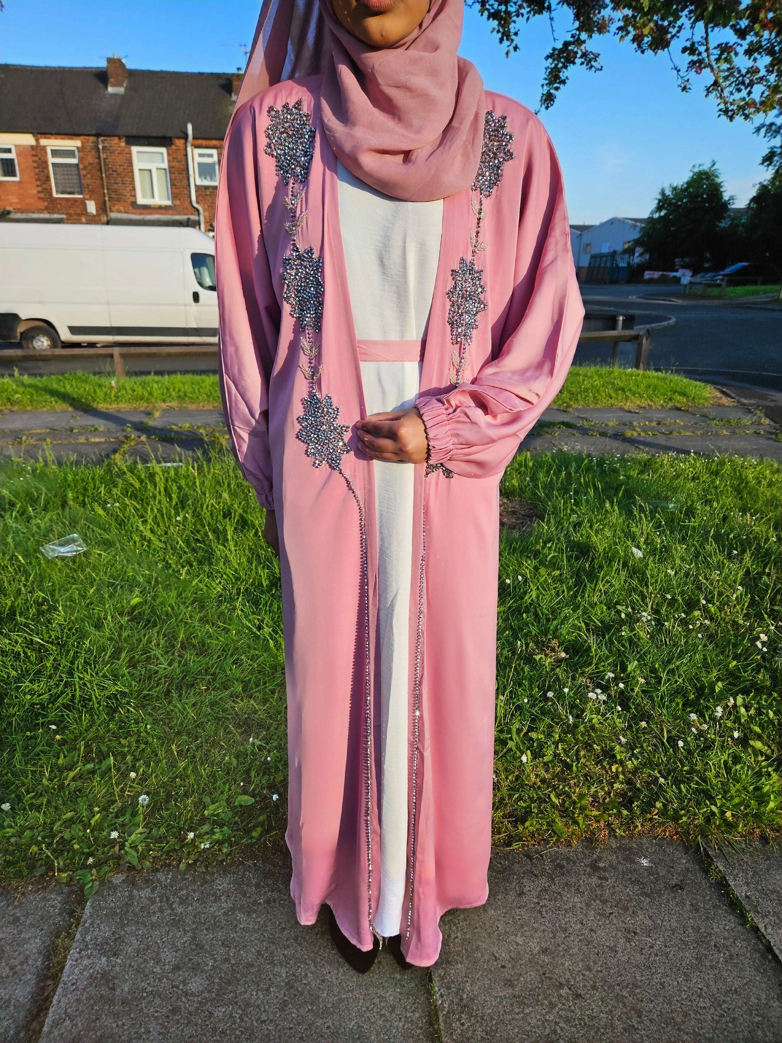 Elegant Stonework 4Pc Open Abaya- Available in 3 Colours