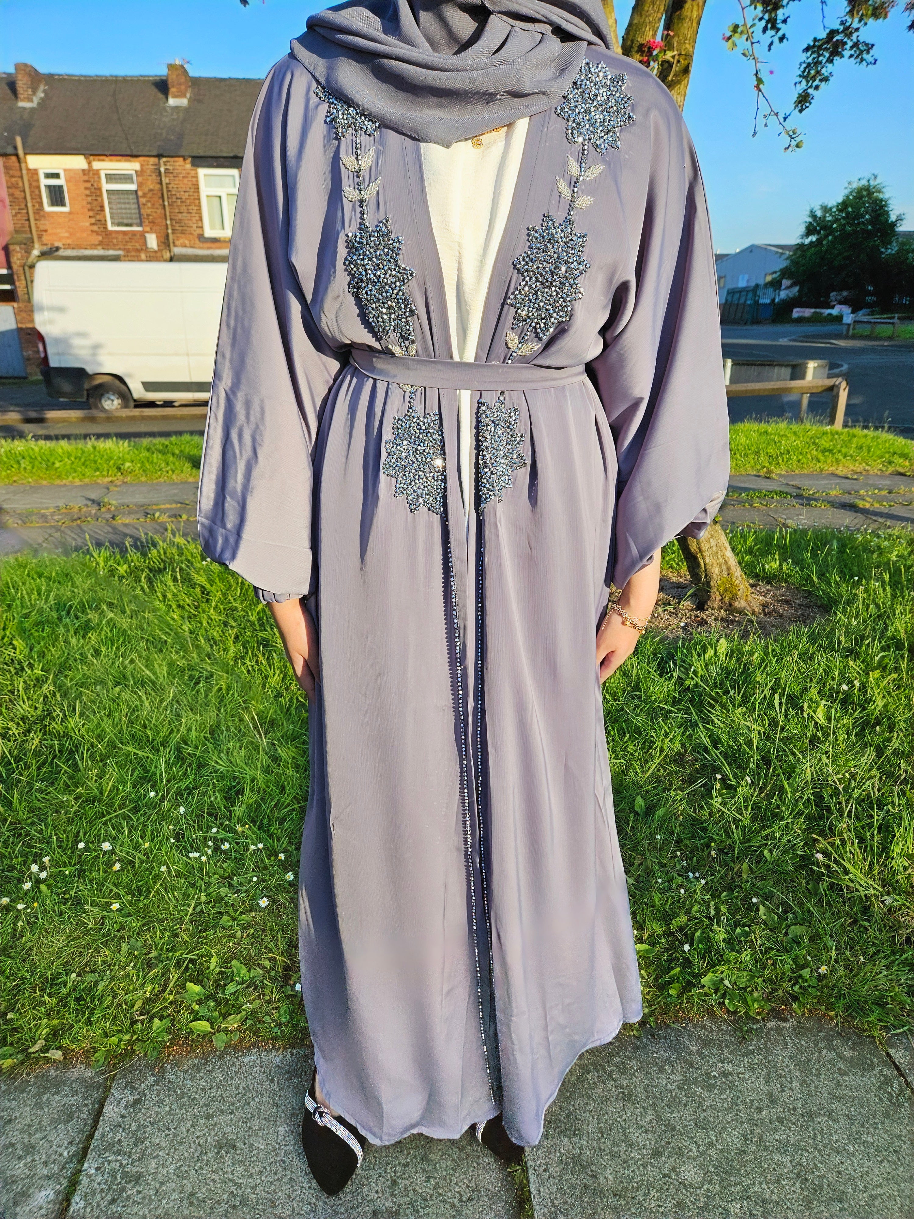 Elegant Stonework 4Pc Open Abaya- Available in 3 Colours