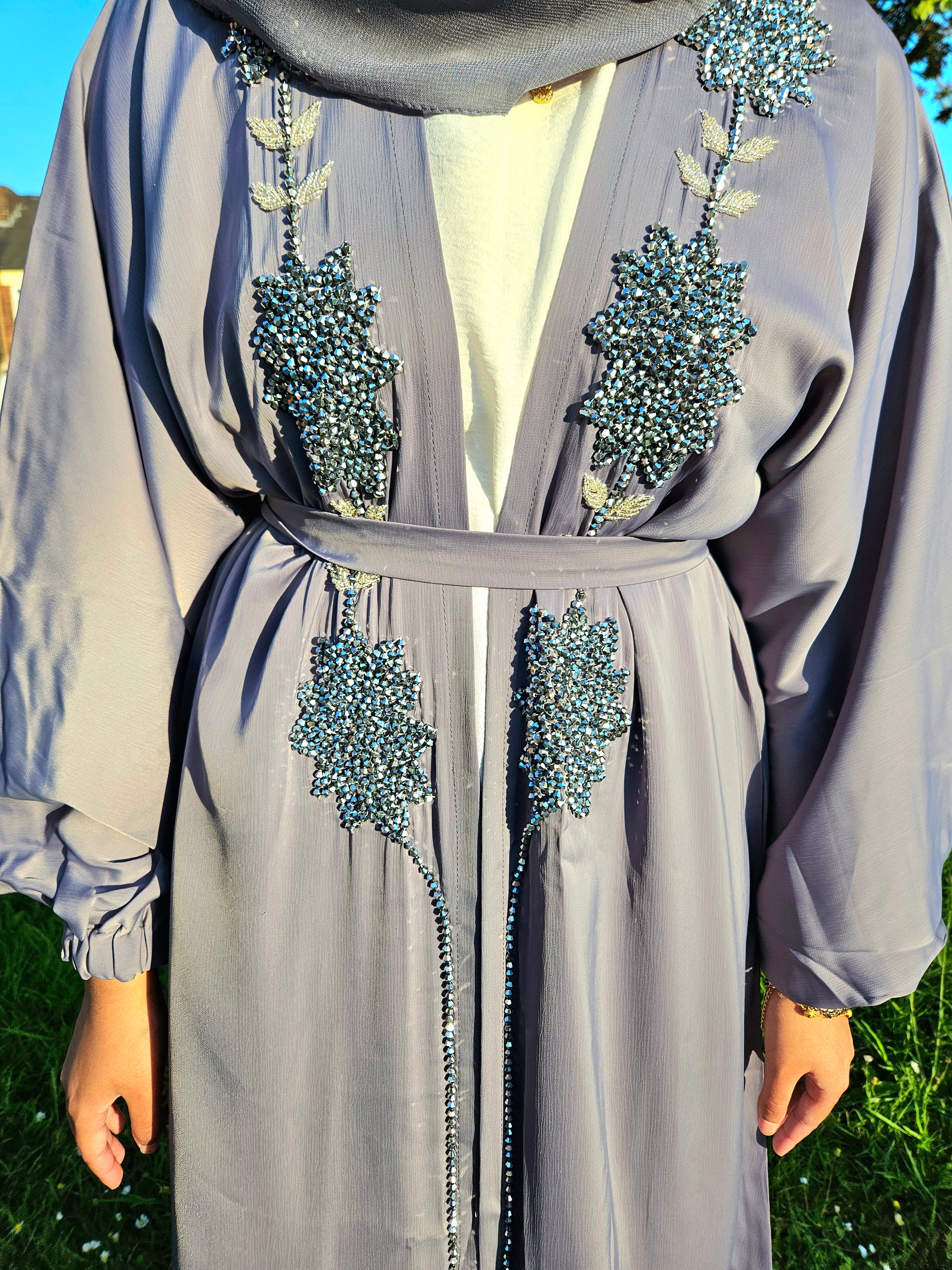 Elegant Stonework 4Pc Open Abaya- Available in 3 Colours