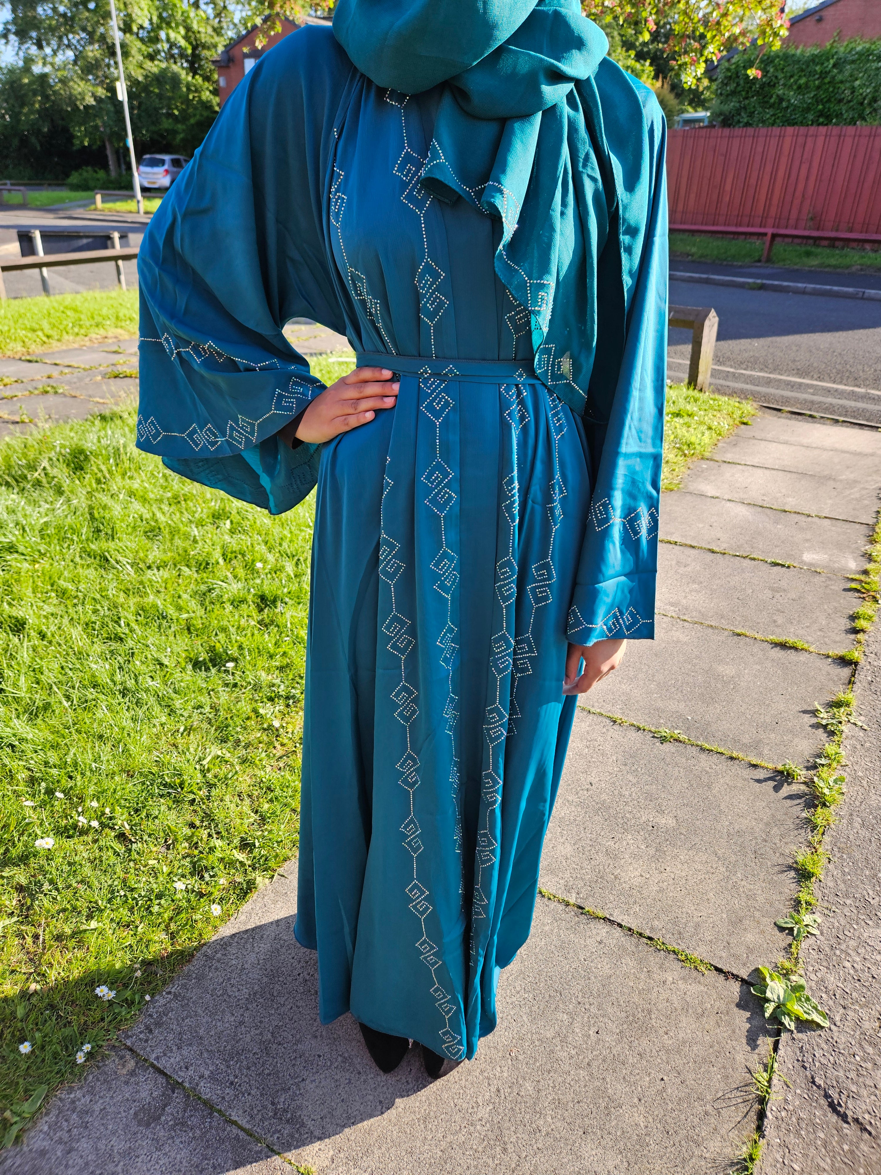 Flared Sleeved 3PC Teal Abaya- Front & Back Design