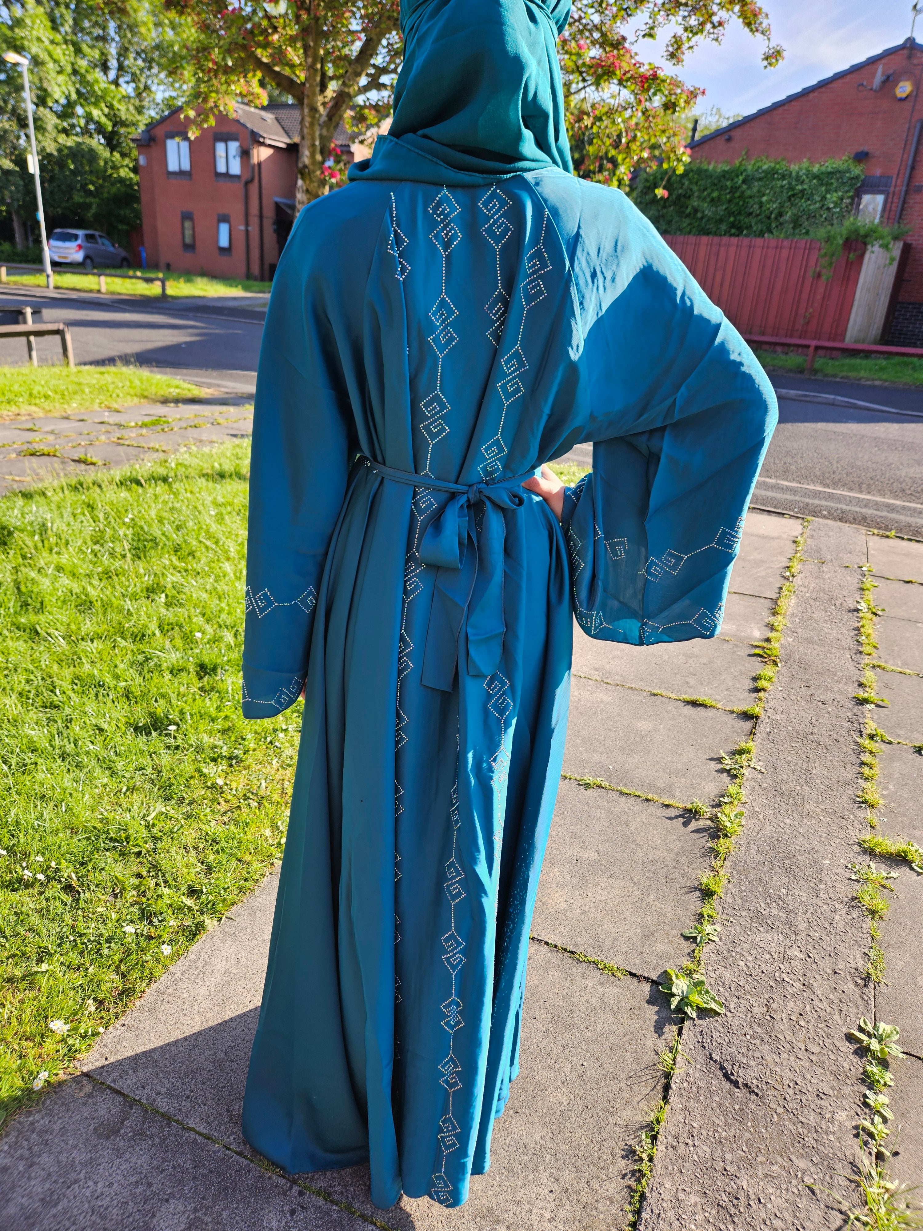 Flared Sleeved 3PC Teal Abaya- Front & Back Design