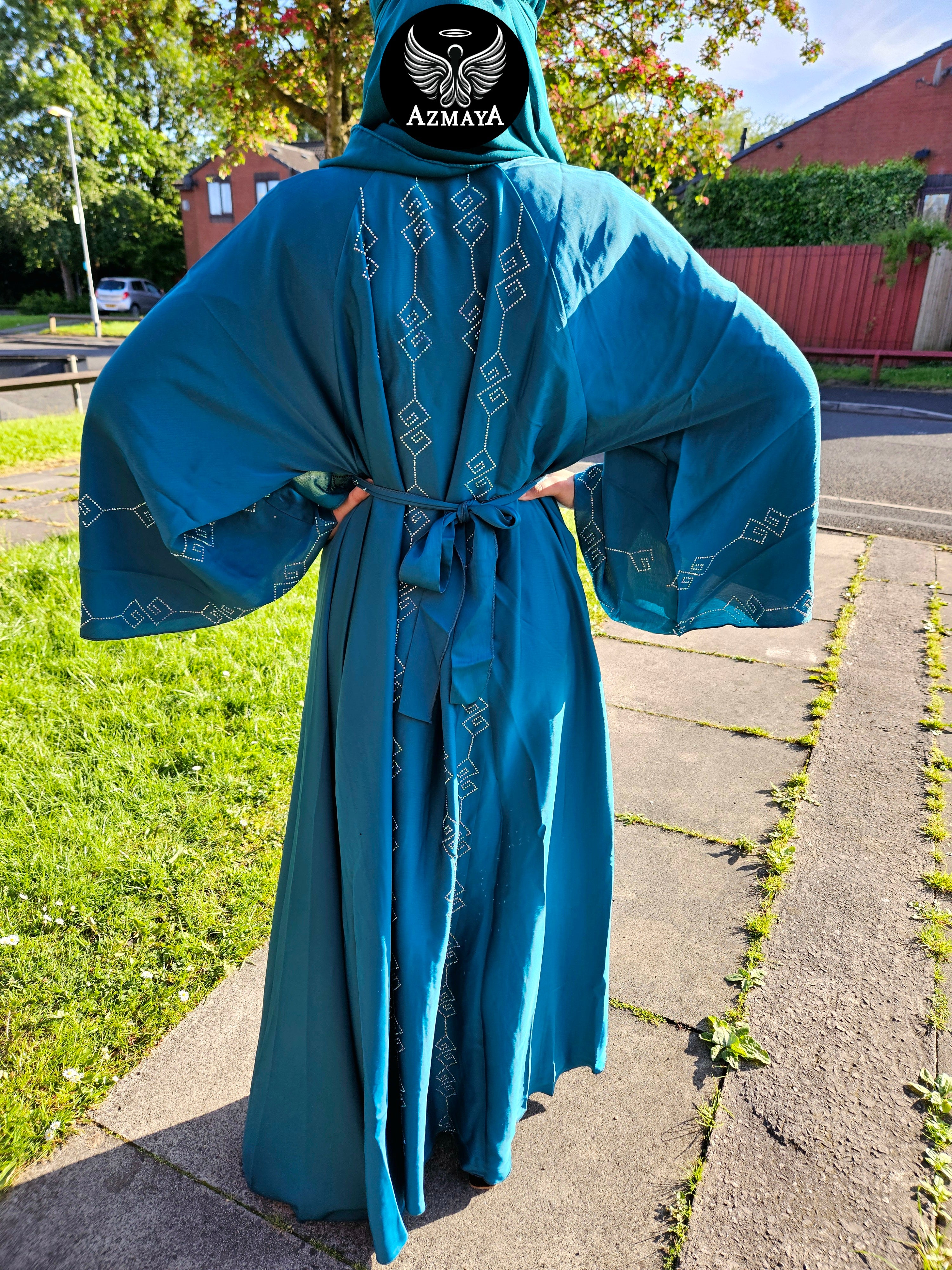 Flared Sleeved 3PC Teal Abaya- Front & Back Design