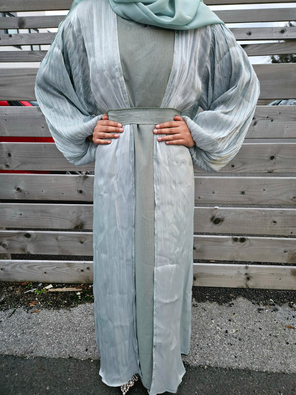 Shimmery Pastel 4PC Organza Open Abaya - Available in 2 Colours