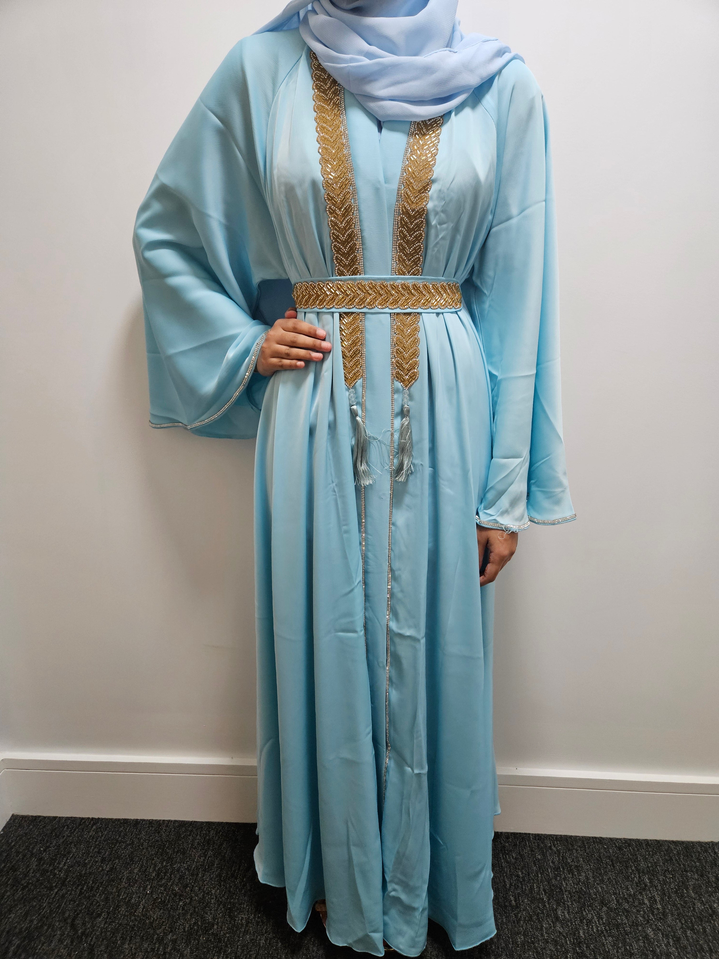 Sky Blue & Gold Embellished 3pc Abaya