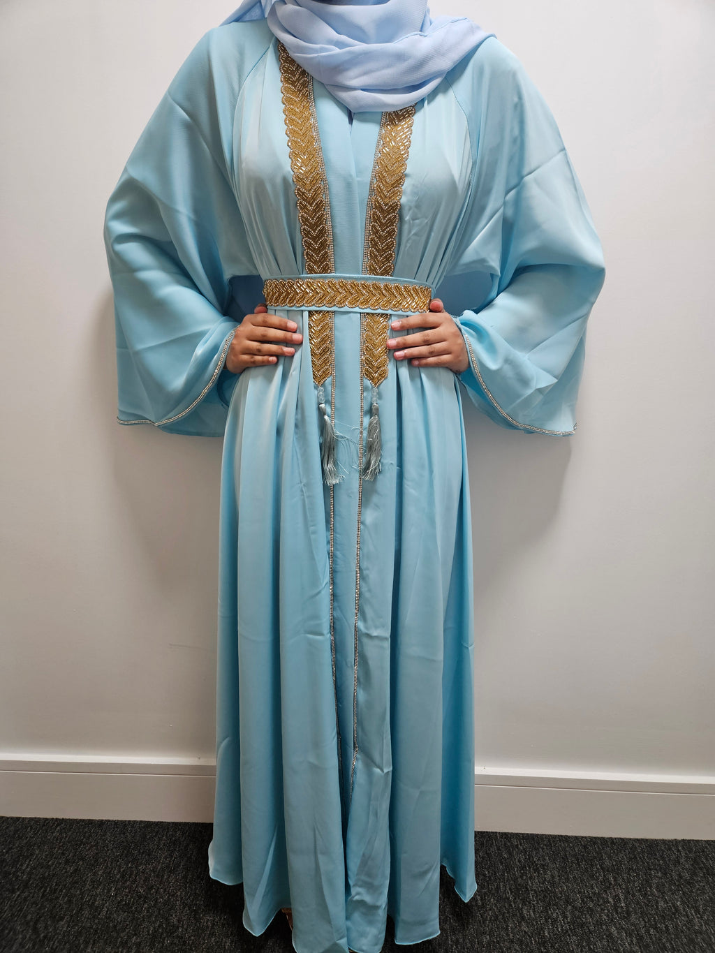Sky Blue & Gold Embellished 3pc Abaya