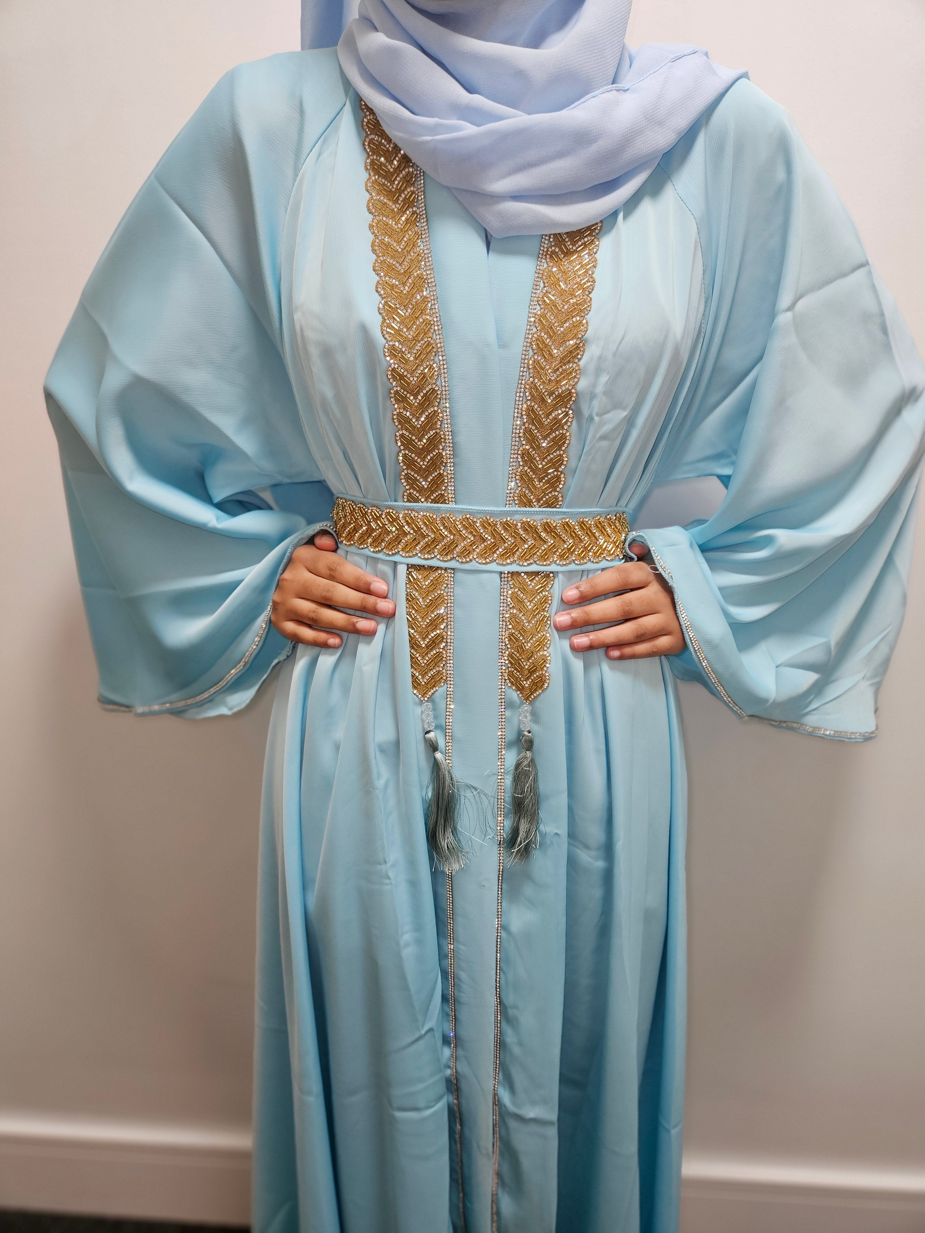Sky Blue & Gold Embellished 3pc Abaya