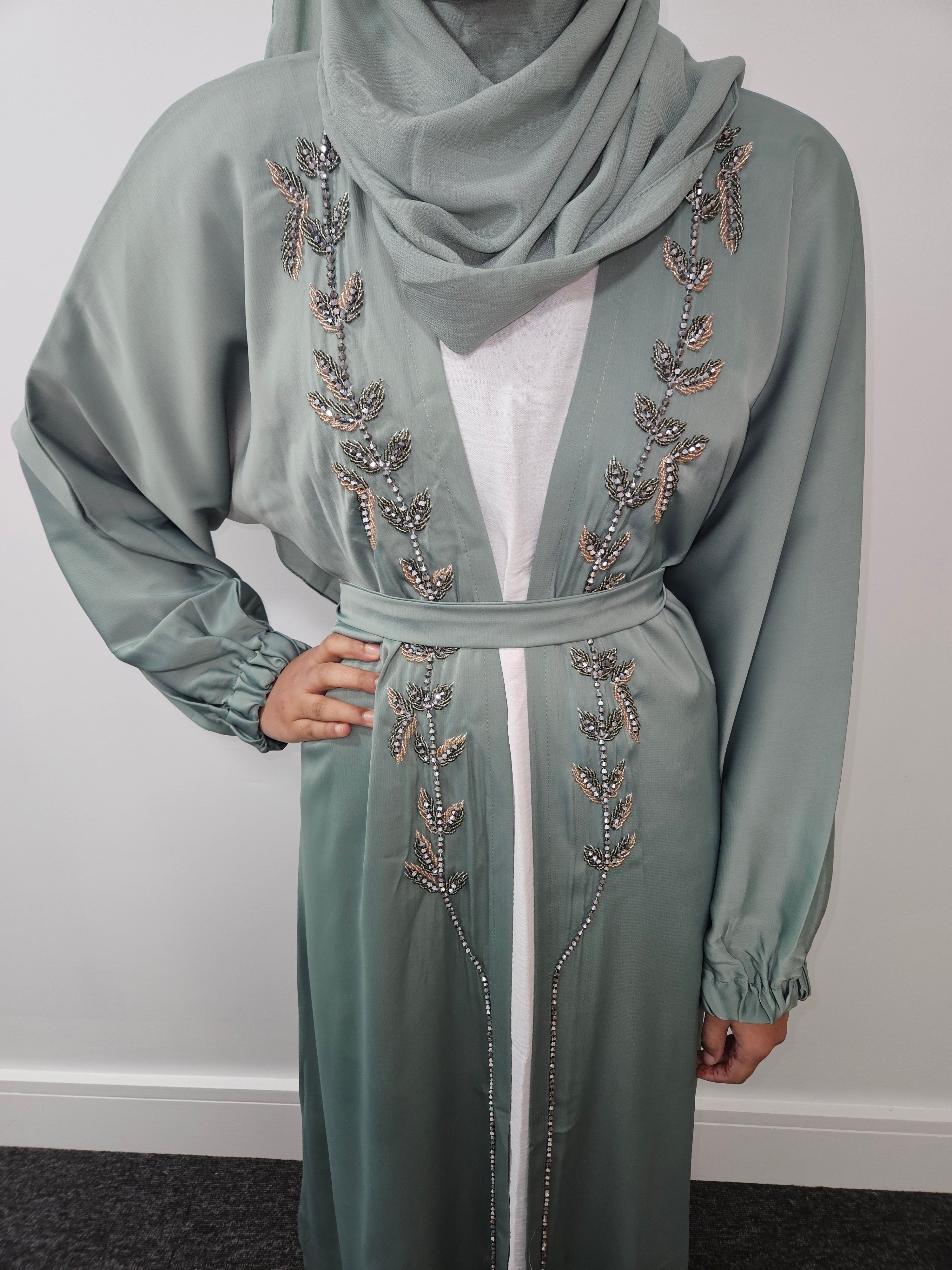 Sage Green Embellished 4pc Open Abaya