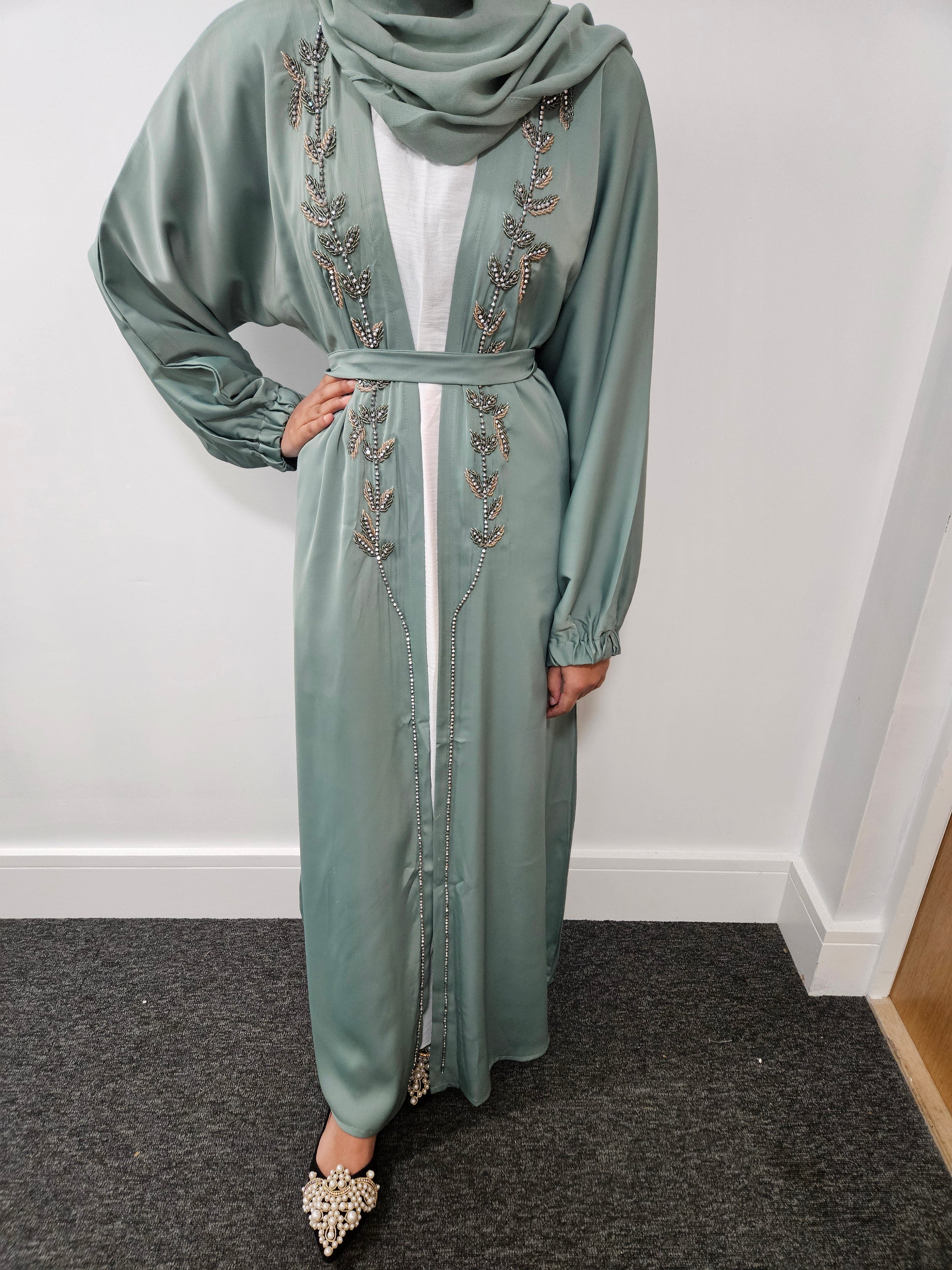 Sage Green Embellished 4pc Open Abaya