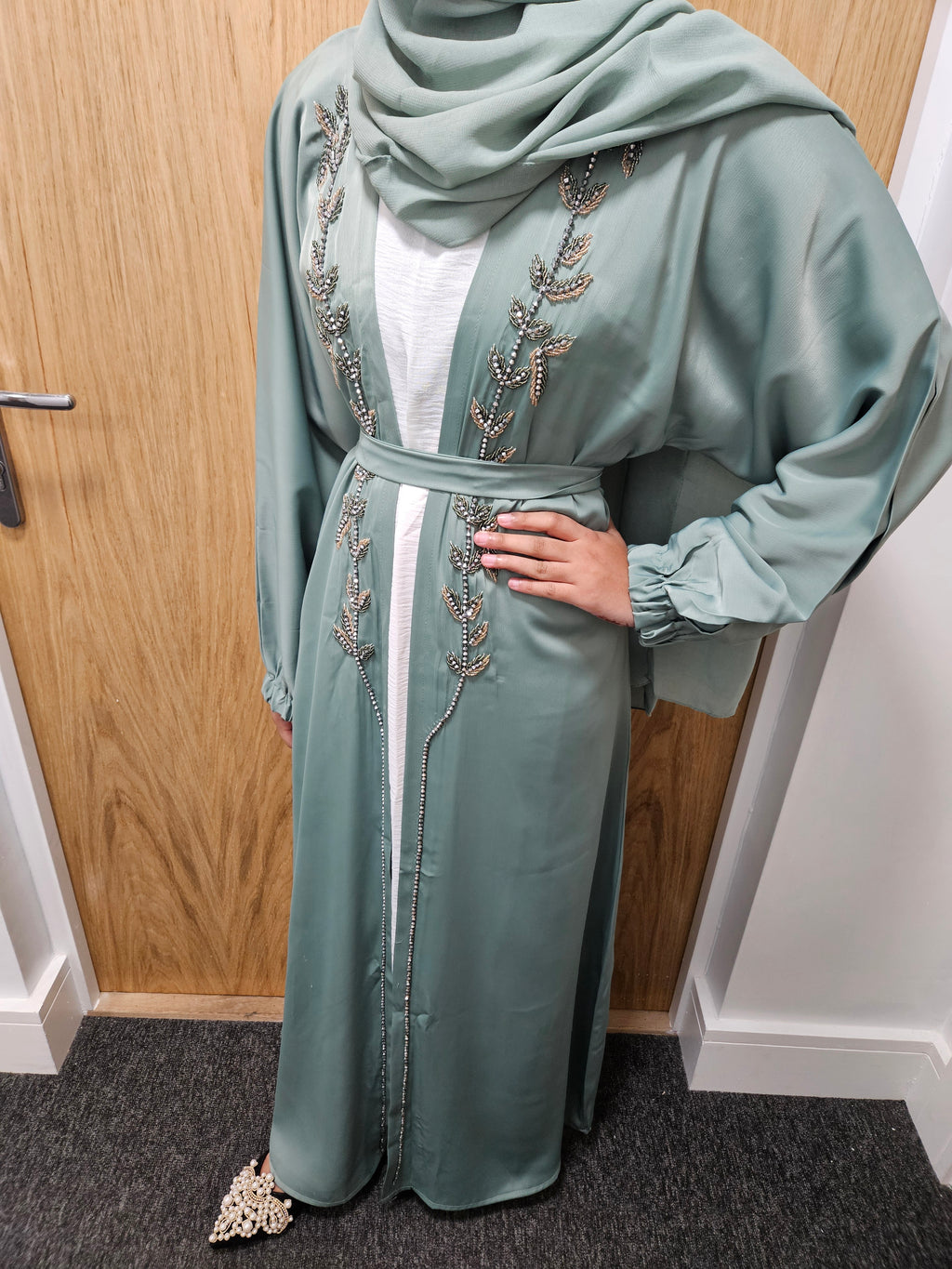 Sage Green Embellished 4pc Open Abaya