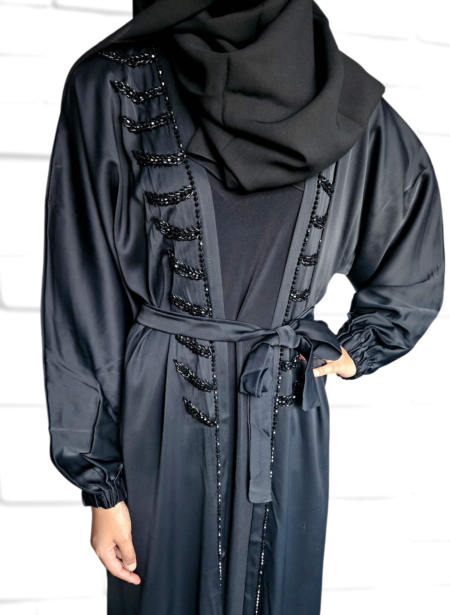 Hand-Embellished Black 4pc Leaf Design Abaya