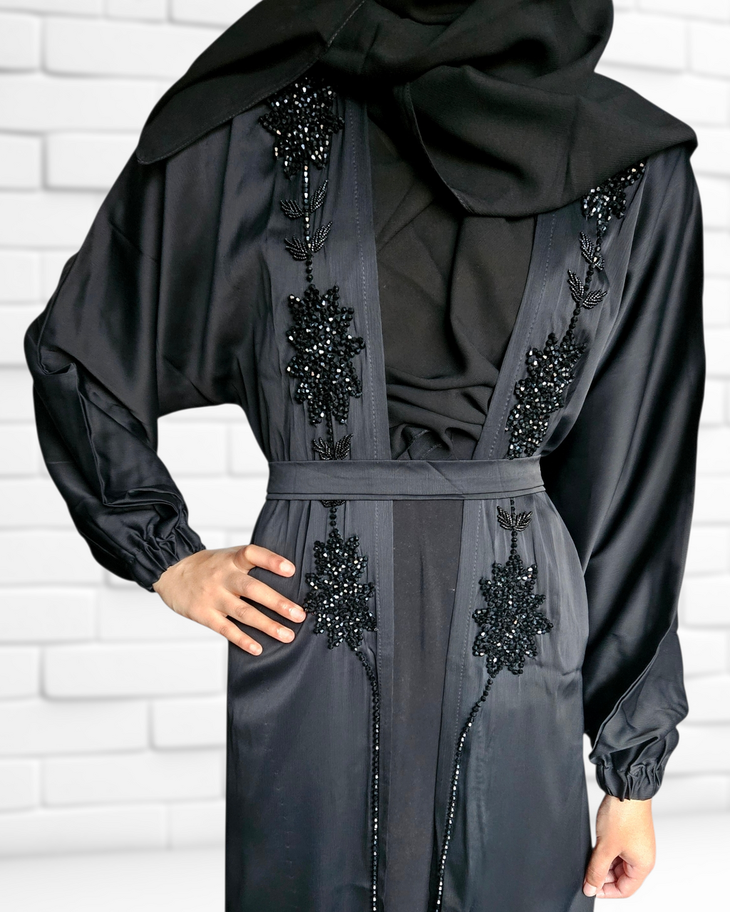 Floral Stonework 4PC Black Abaya