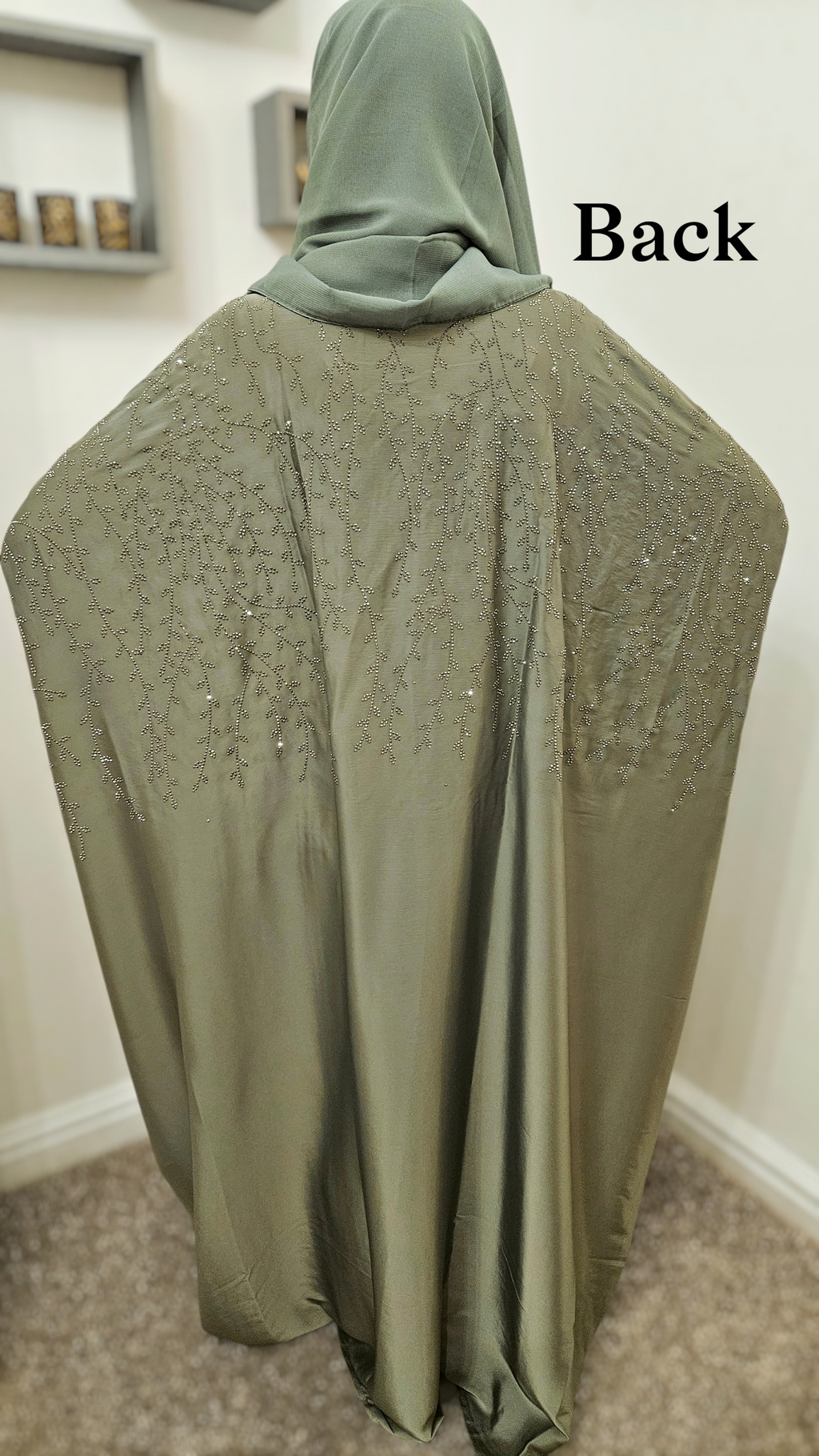 Sage Green Satin Kaftan Abaya- Front & Back Embellished