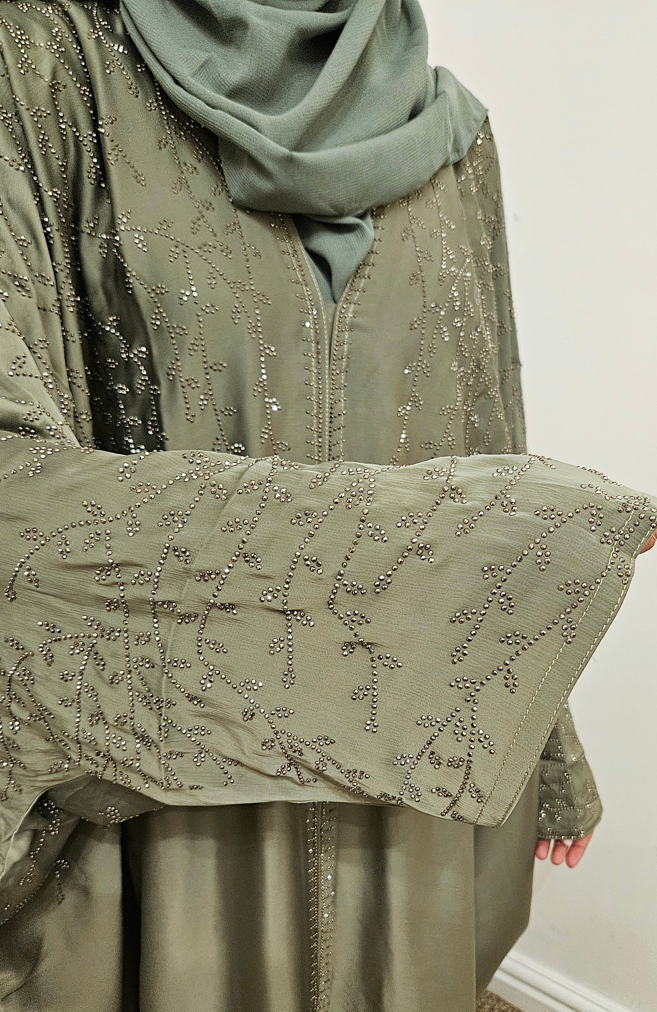 Sage Green Satin Kaftan Abaya- Front & Back Embellished