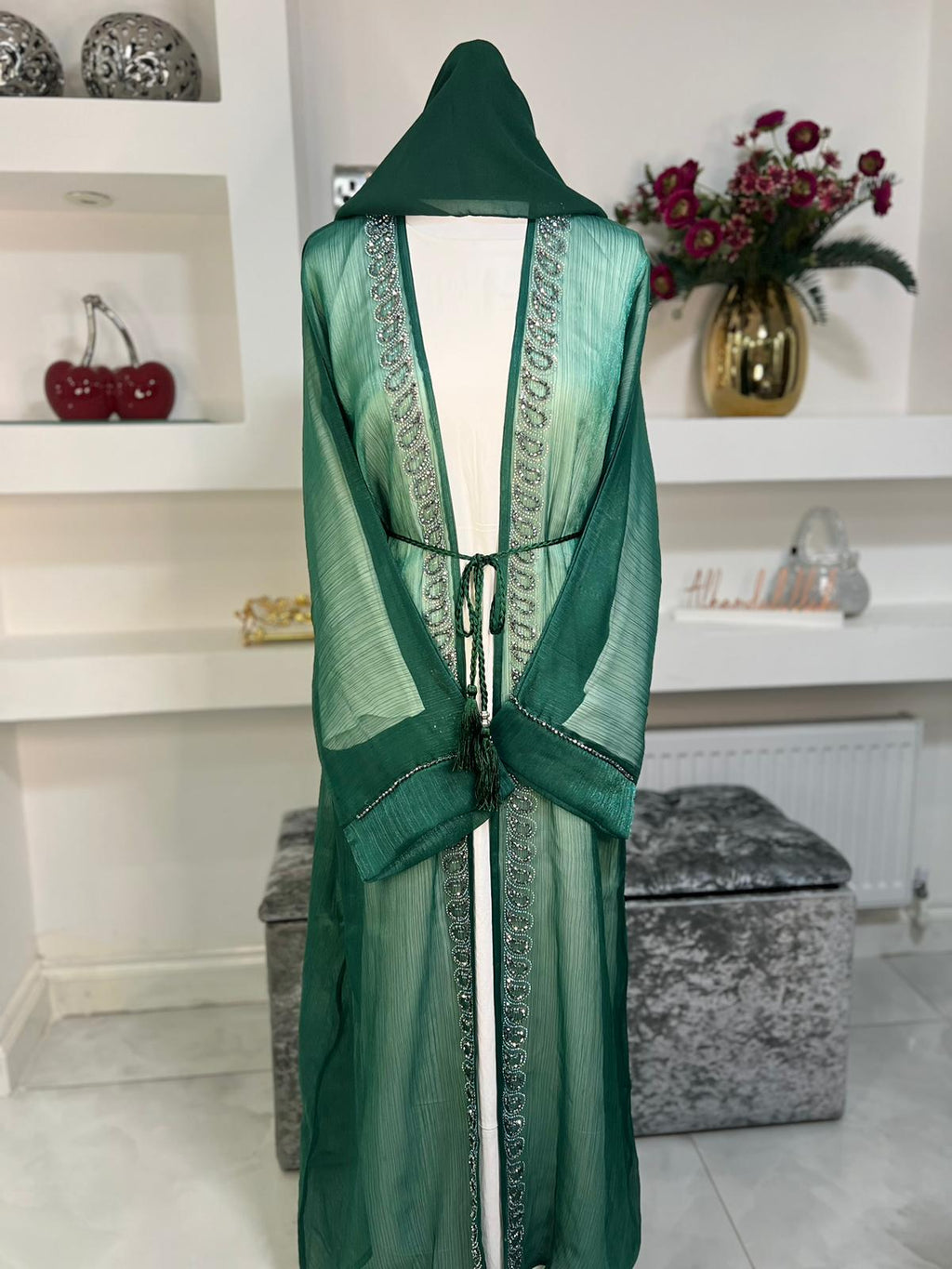 4pc Organza Open Abaya in Mint Green