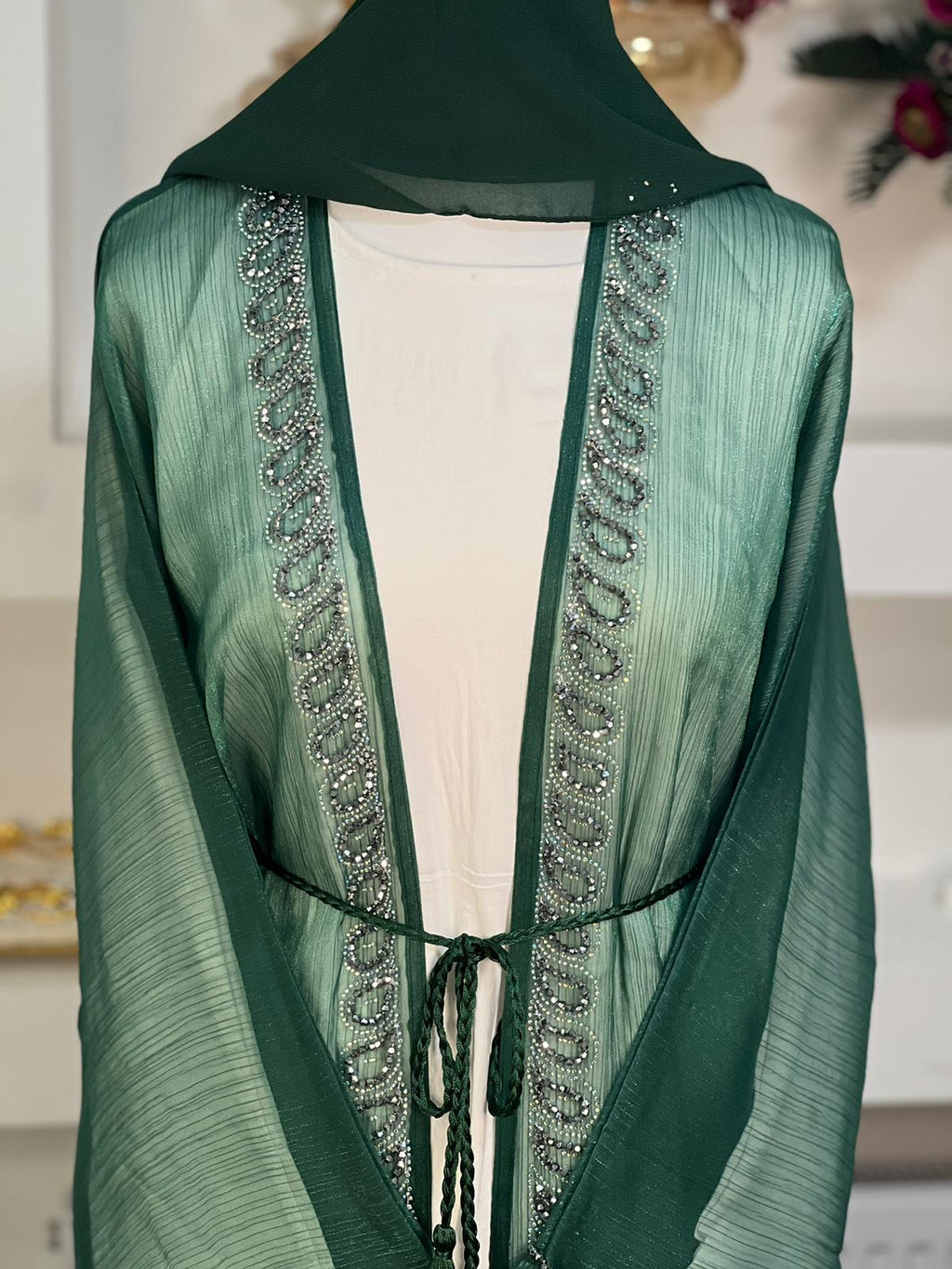 4pc Organza Open Abaya in Mint Green