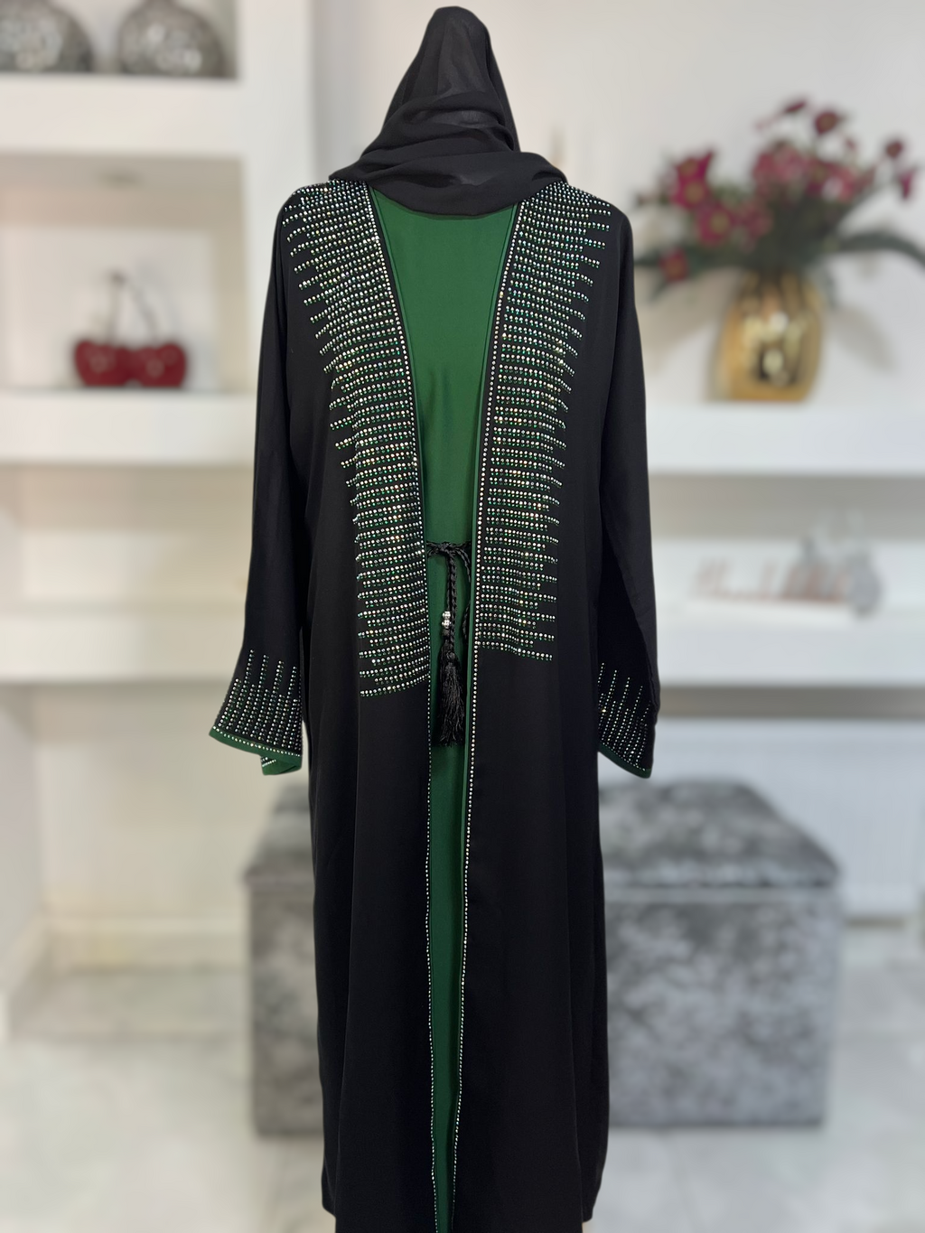 Black and Green 4pc Open Abaya