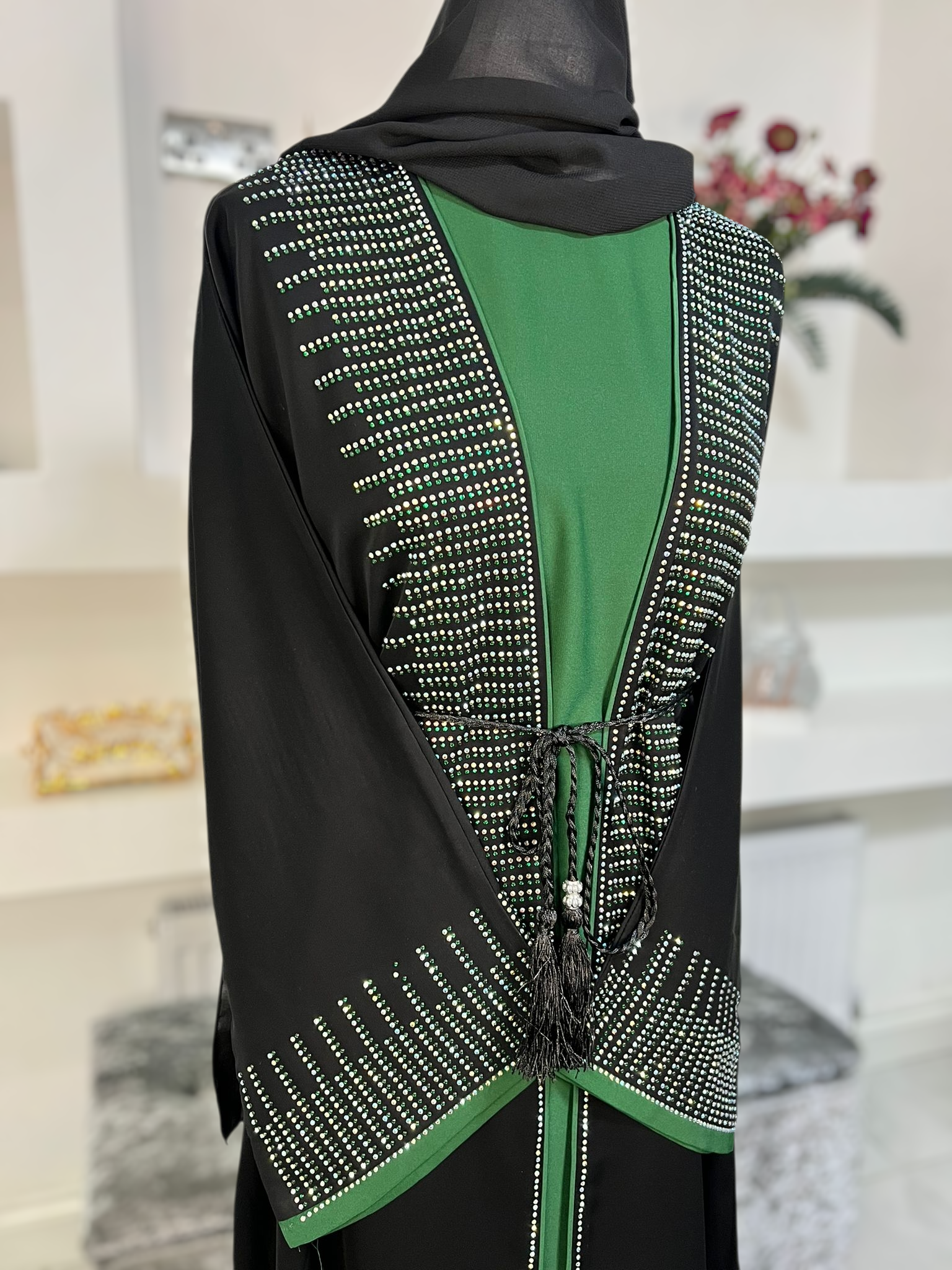 Black and Green 4pc Open Abaya