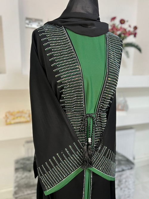 Black and Green 4pc Open Abaya