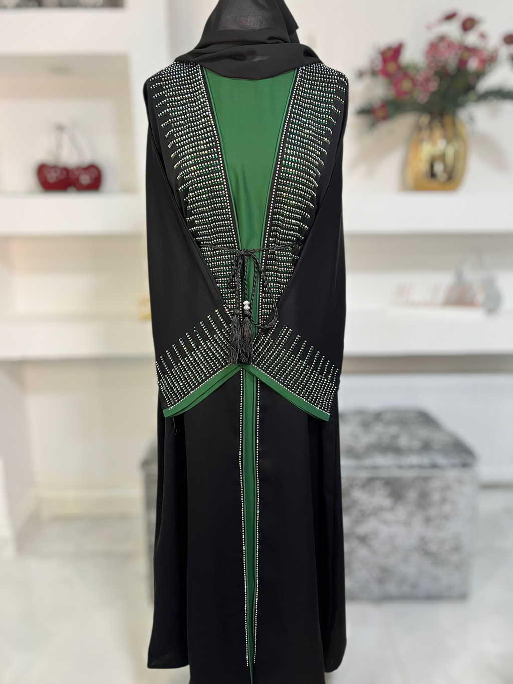 Black and Green 4pc Open Abaya