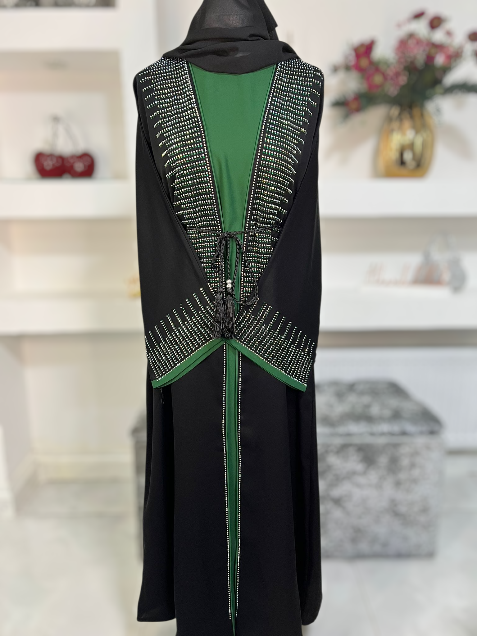 Black and Green 4pc Open Abaya