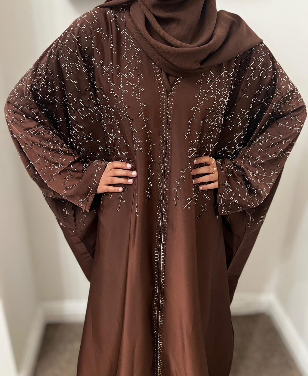 Cocoa Brown Satin Kaftan Abaya- Front & Back Embellished