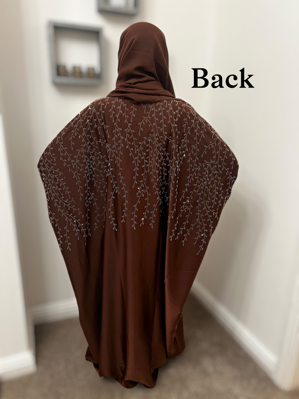 Cocoa Brown Satin Kaftan Abaya- Front & Back Embellished