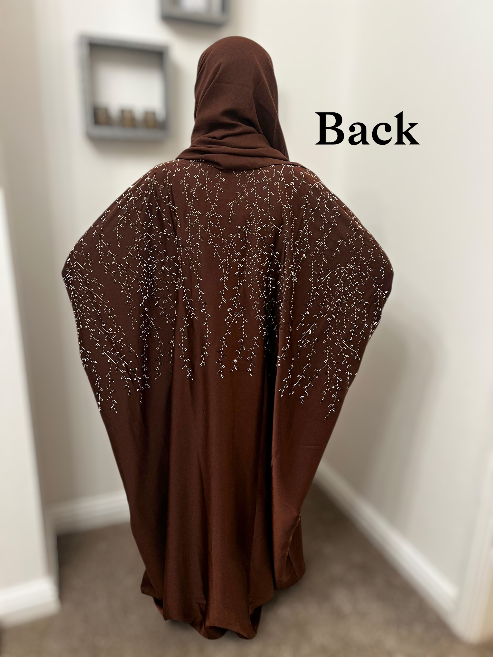 Cocoa Brown Satin Kaftan Abaya- Front & Back Embellished
