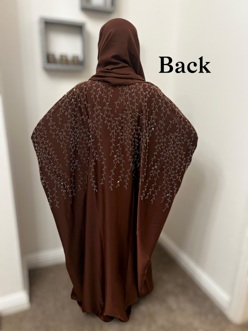 Cocoa Brown Satin Kaftan Abaya- Front & Back Embellished