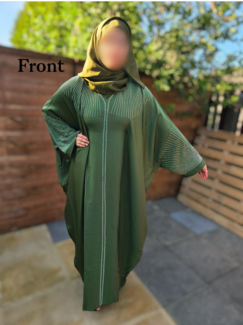 Green Batwing Abaya- Front & Back Embellished