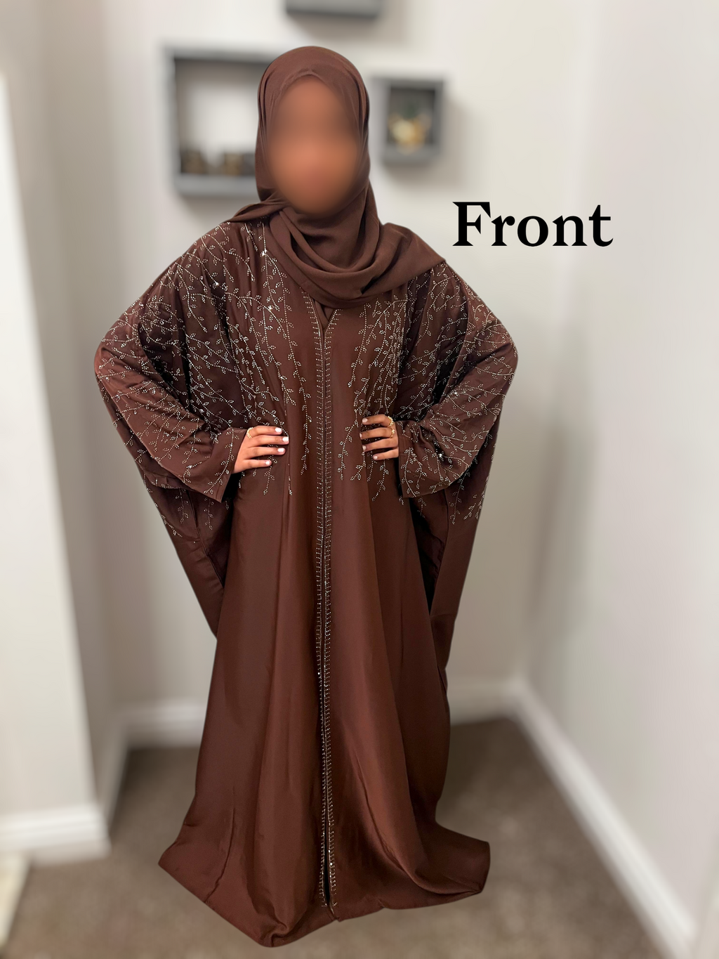 Cocoa Brown Satin Kaftan Abaya- Front & Back Embellished