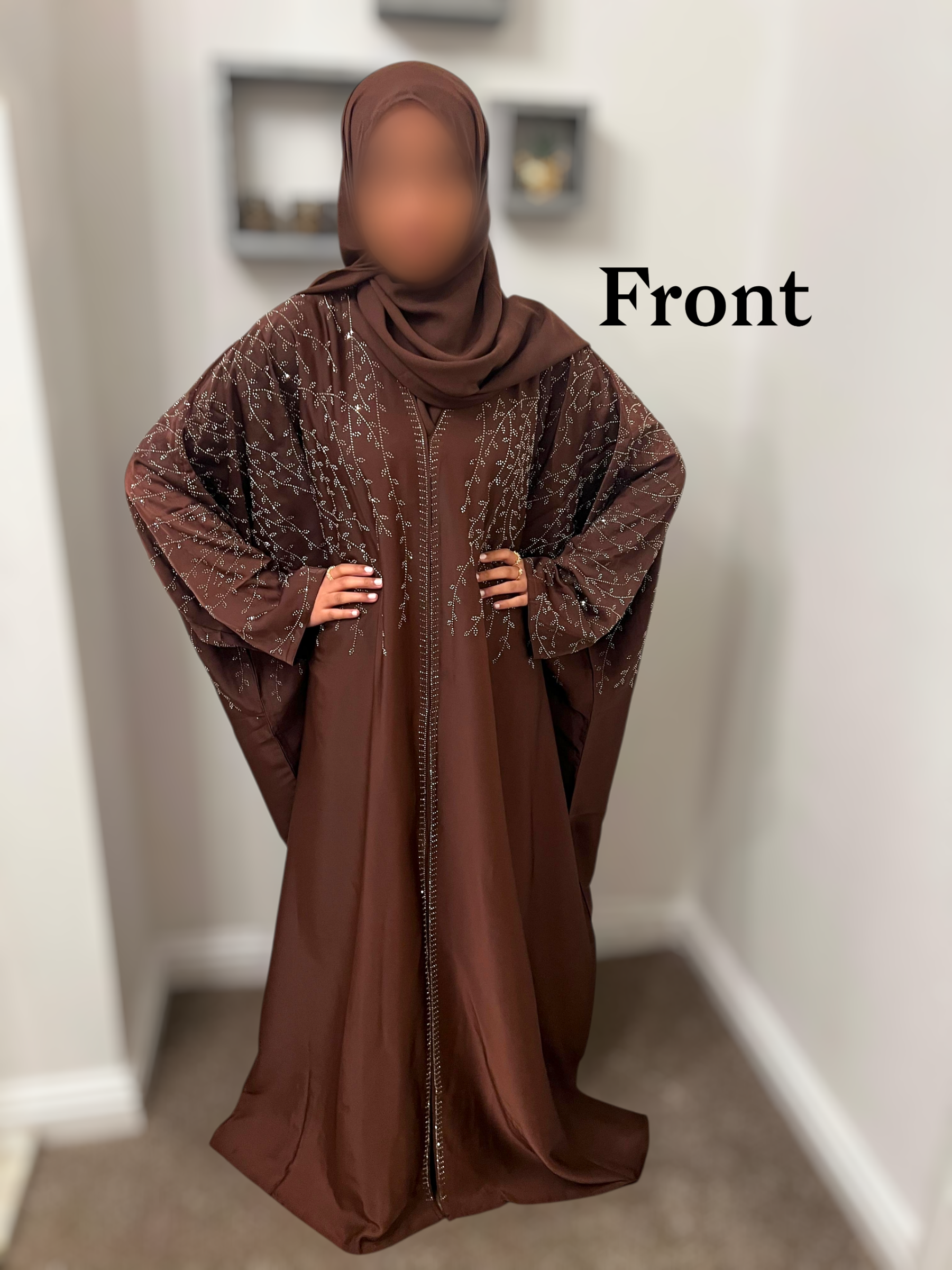 Cocoa Brown Satin Kaftan Abaya- Front & Back Embellished