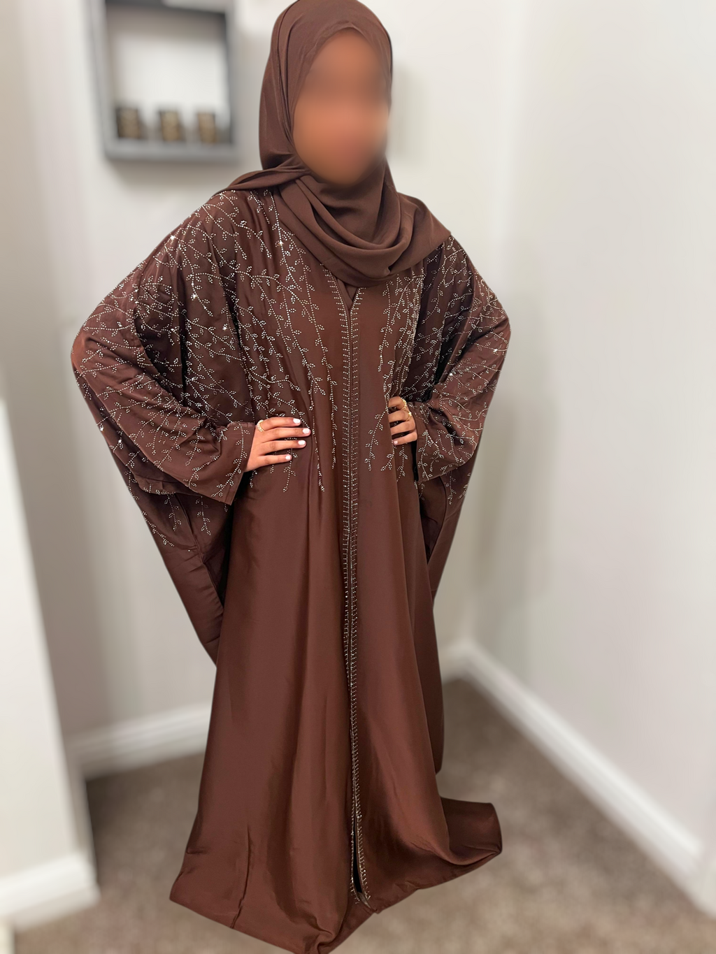 Cocoa Brown Satin Kaftan Abaya- Front & Back Embellished