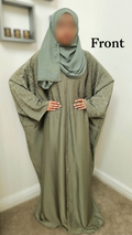 Sage Green Satin Kaftan Abaya- Front & Back Embellished