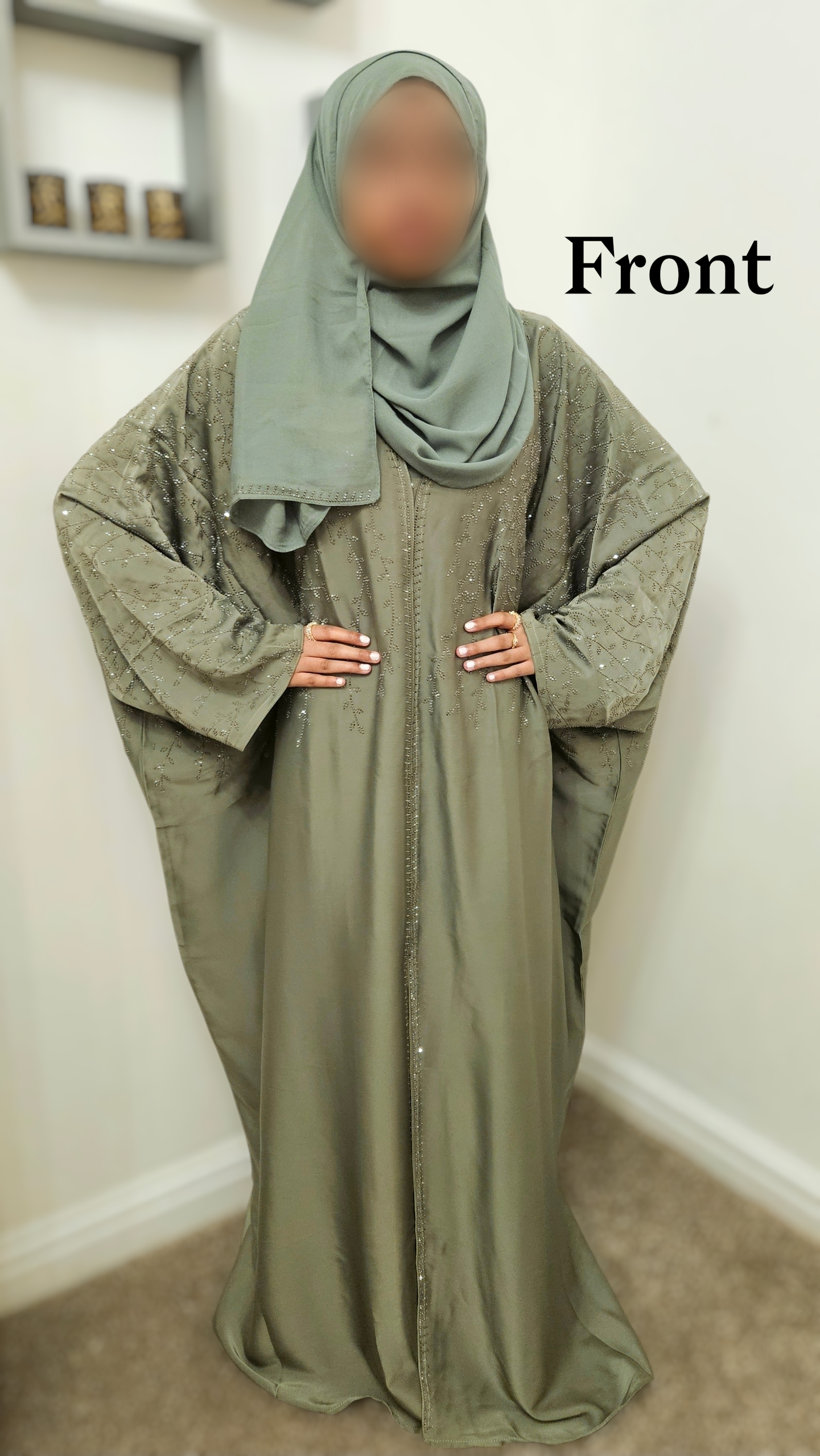 Sage Green Satin Kaftan Abaya- Front & Back Embellished