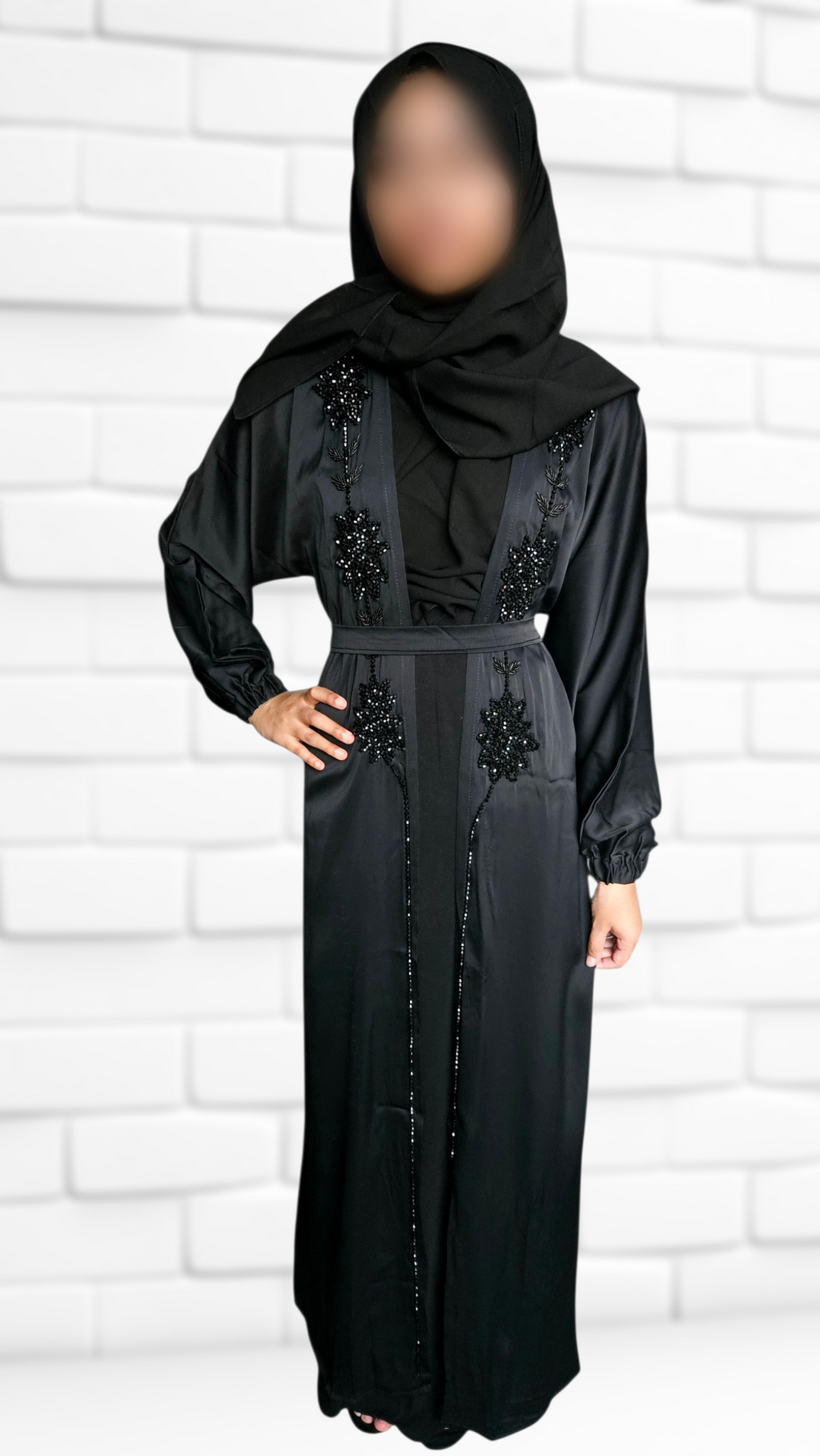 Floral Stonework 4PC Black Abaya
