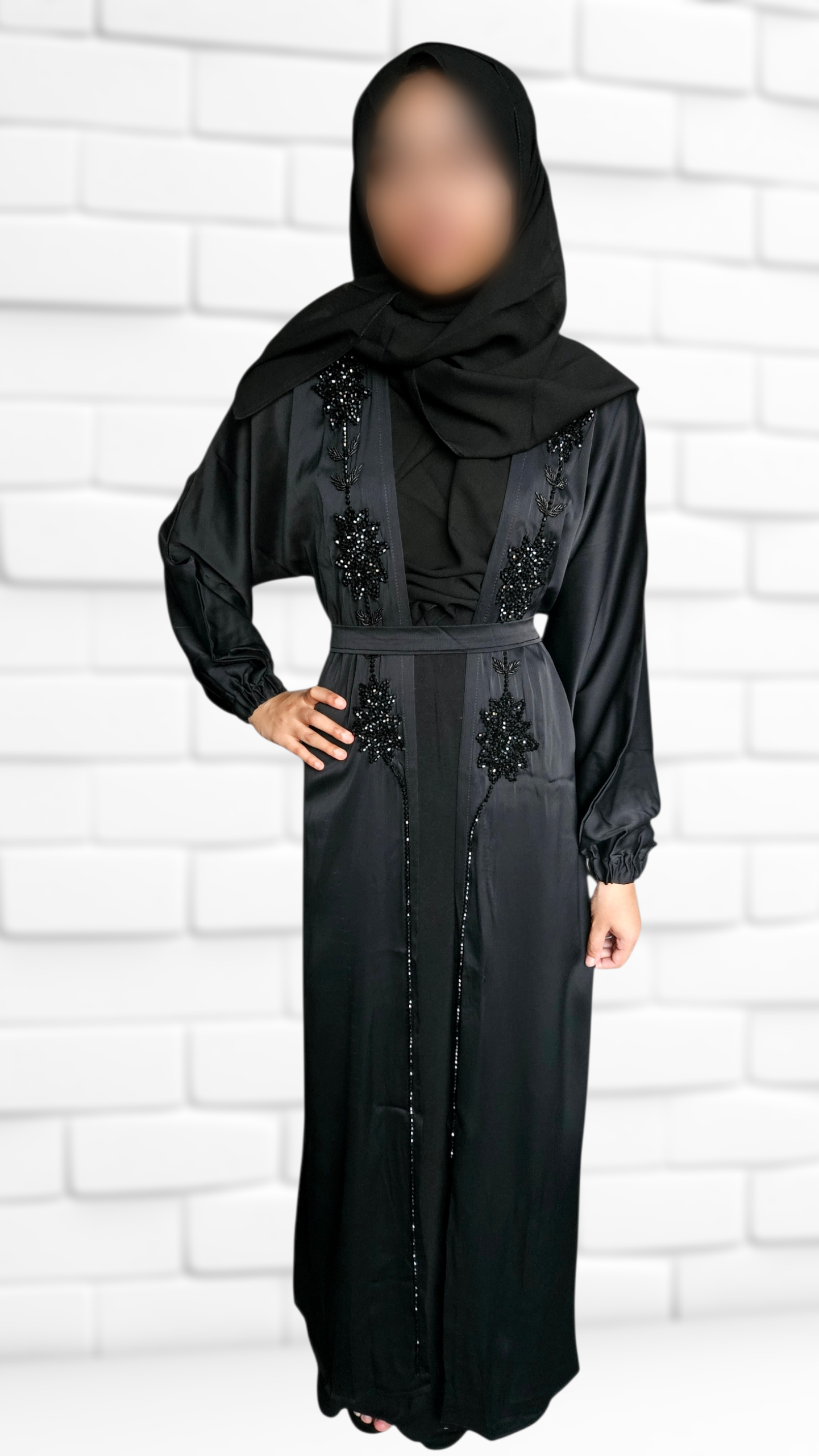 Floral Stonework 4PC Black Abaya