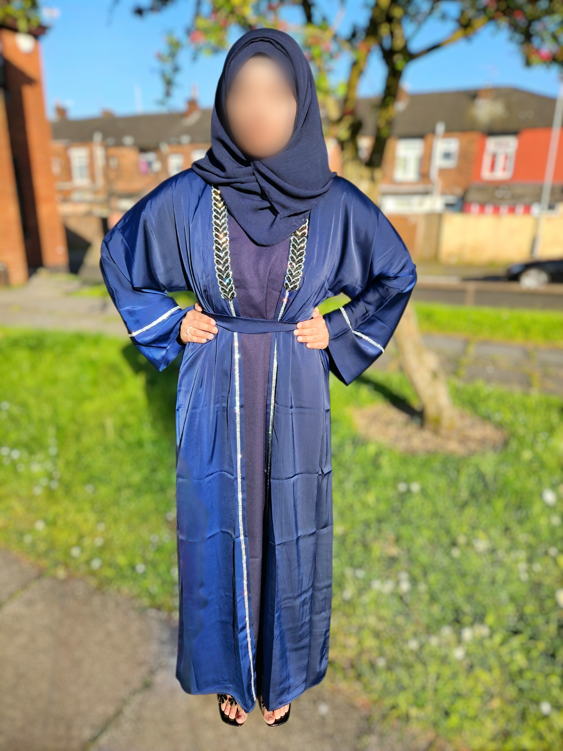 Navy Blue 4pc Satin Open Abaya